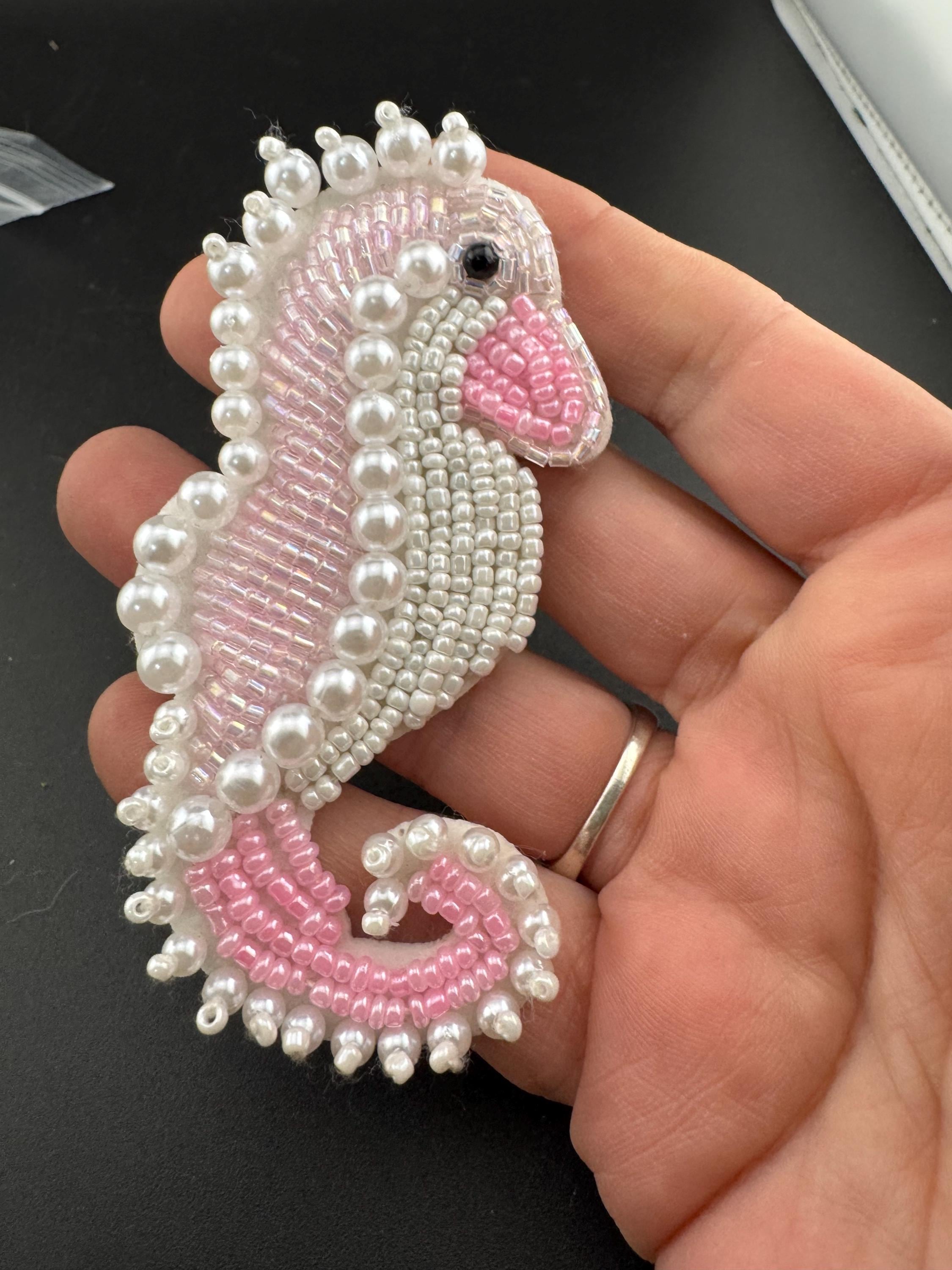 Large sew on faux pearl beaded pink and white seahorse patch 7cm tall pink seed beads nautical hippocampus patches appliqué