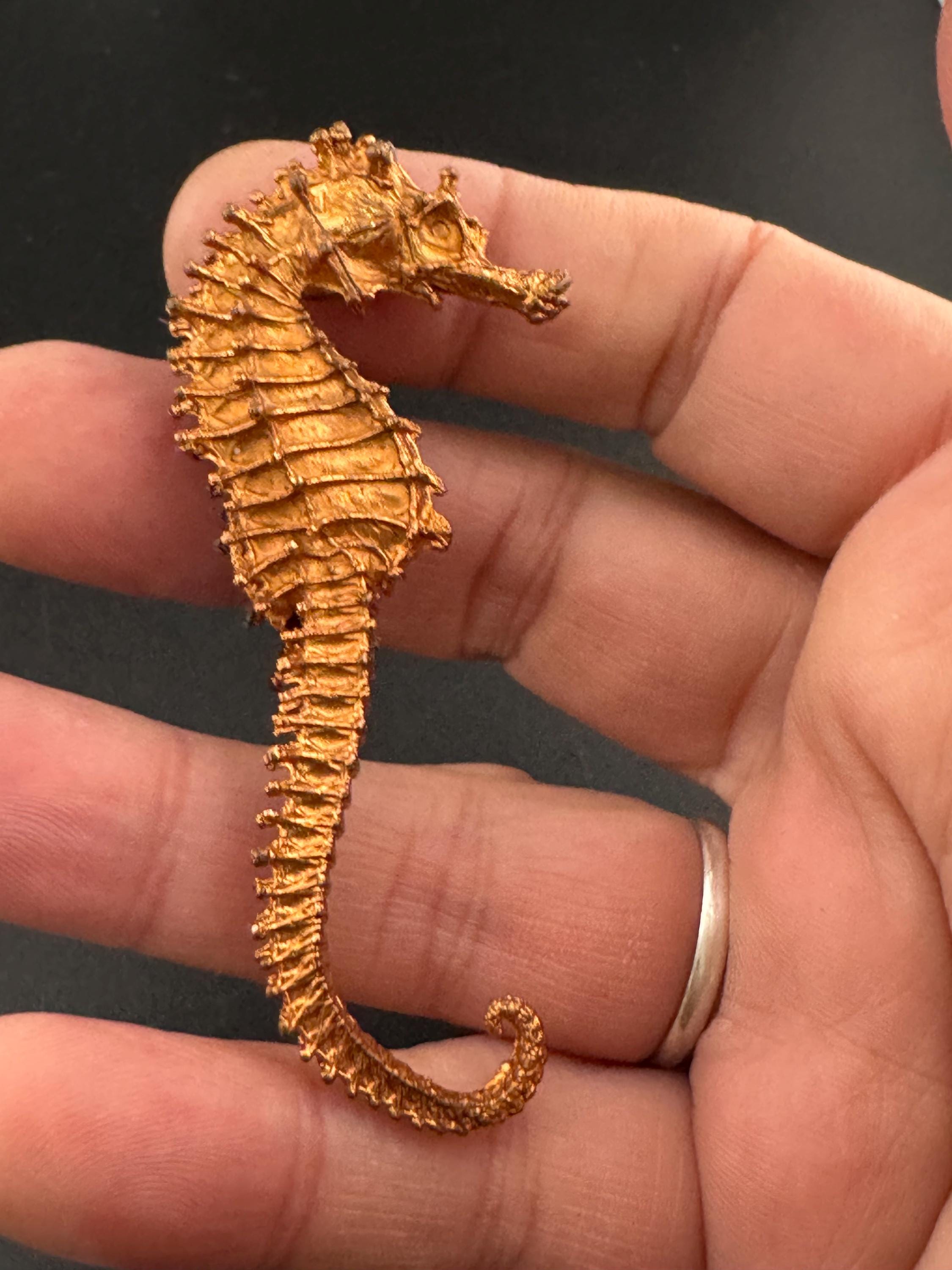 Vintage 7cm copper tone highly detailed metal seahorse brooch, nautical marine style