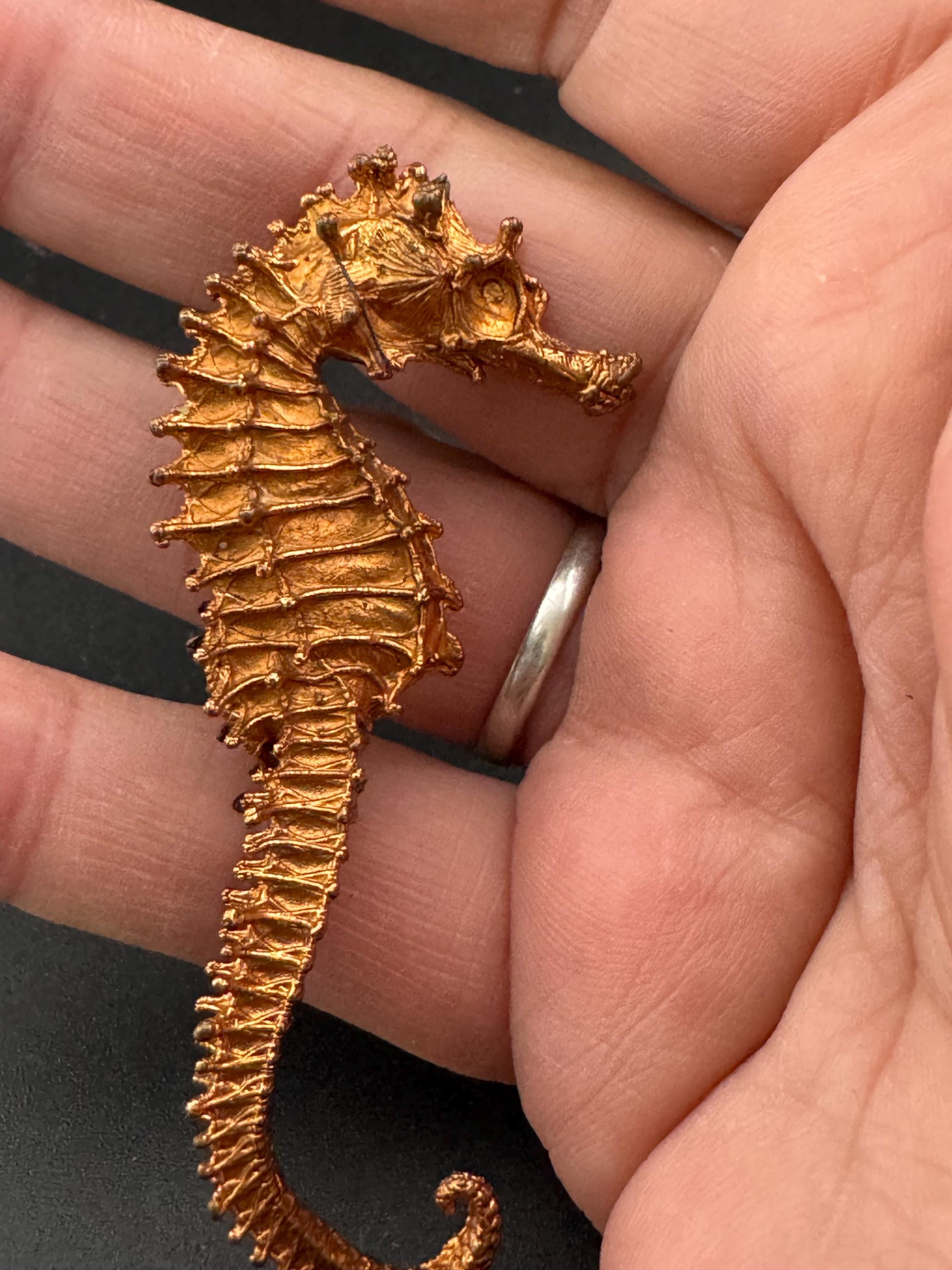 Vintage 7cm copper tone highly detailed metal seahorse brooch, nautical marine style