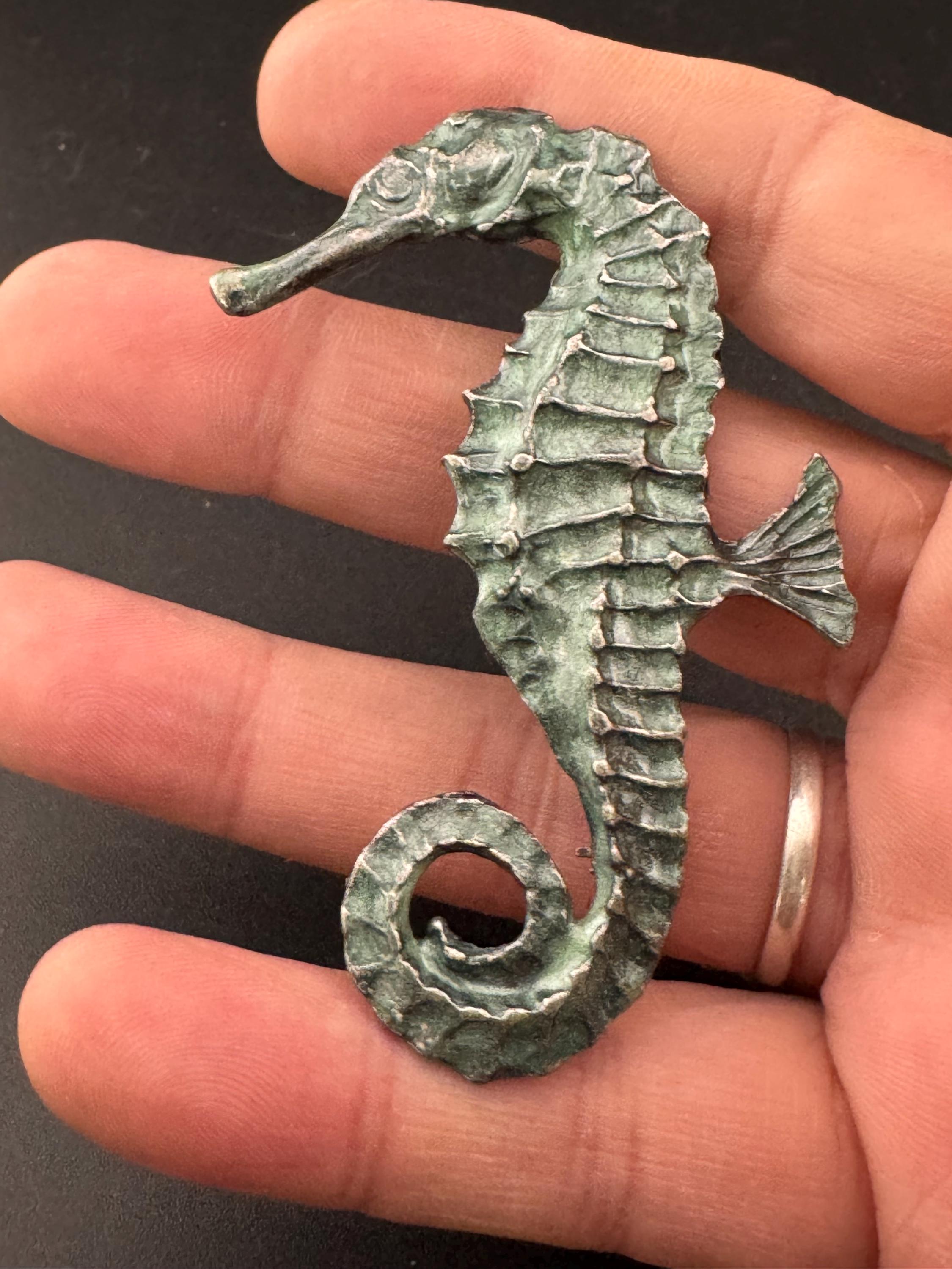 Vintage antique look verdigris green and silver metal seahorse brooch , nautical marine style
