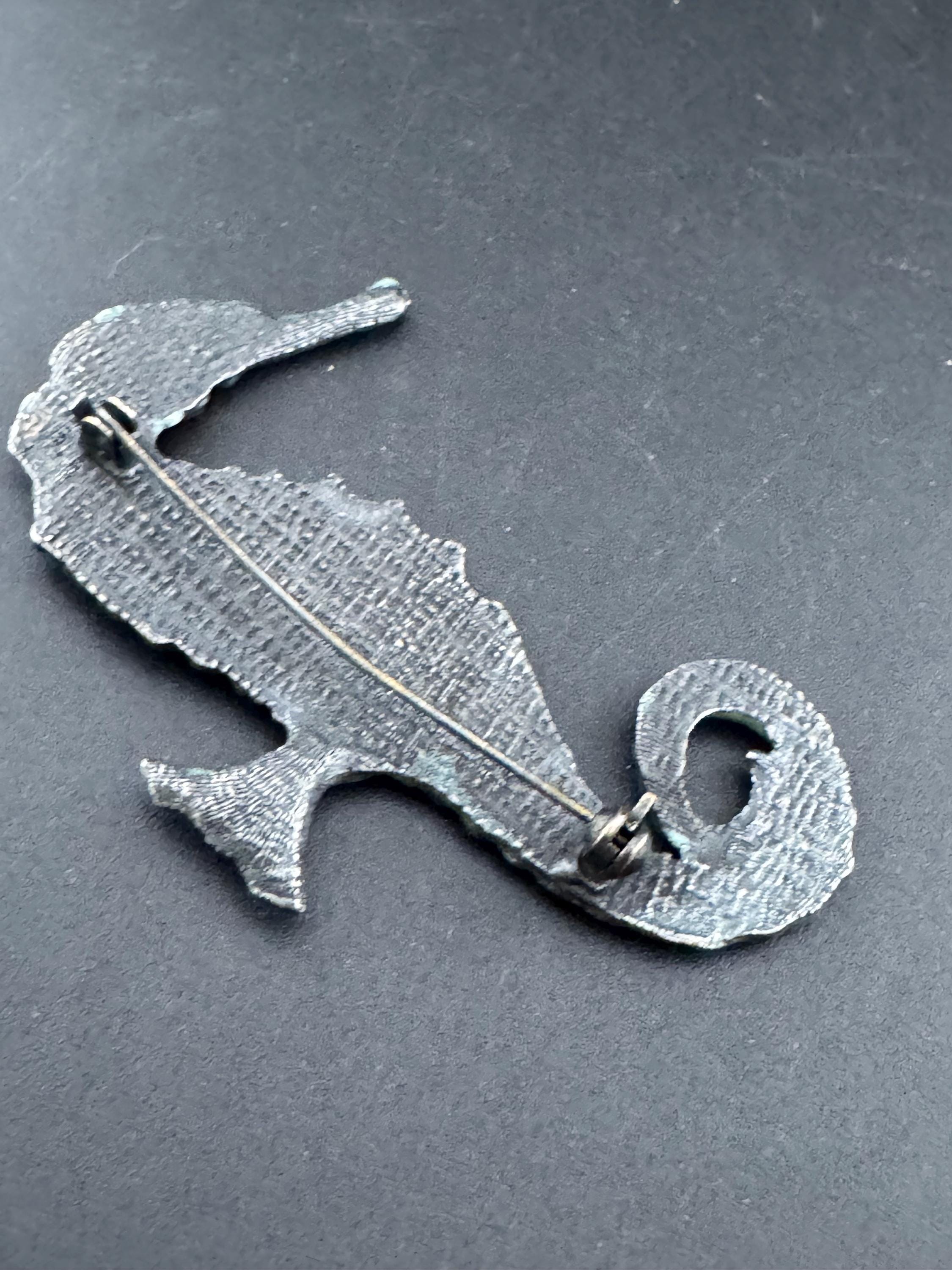Vintage antique look verdigris green and silver metal seahorse brooch , nautical marine style