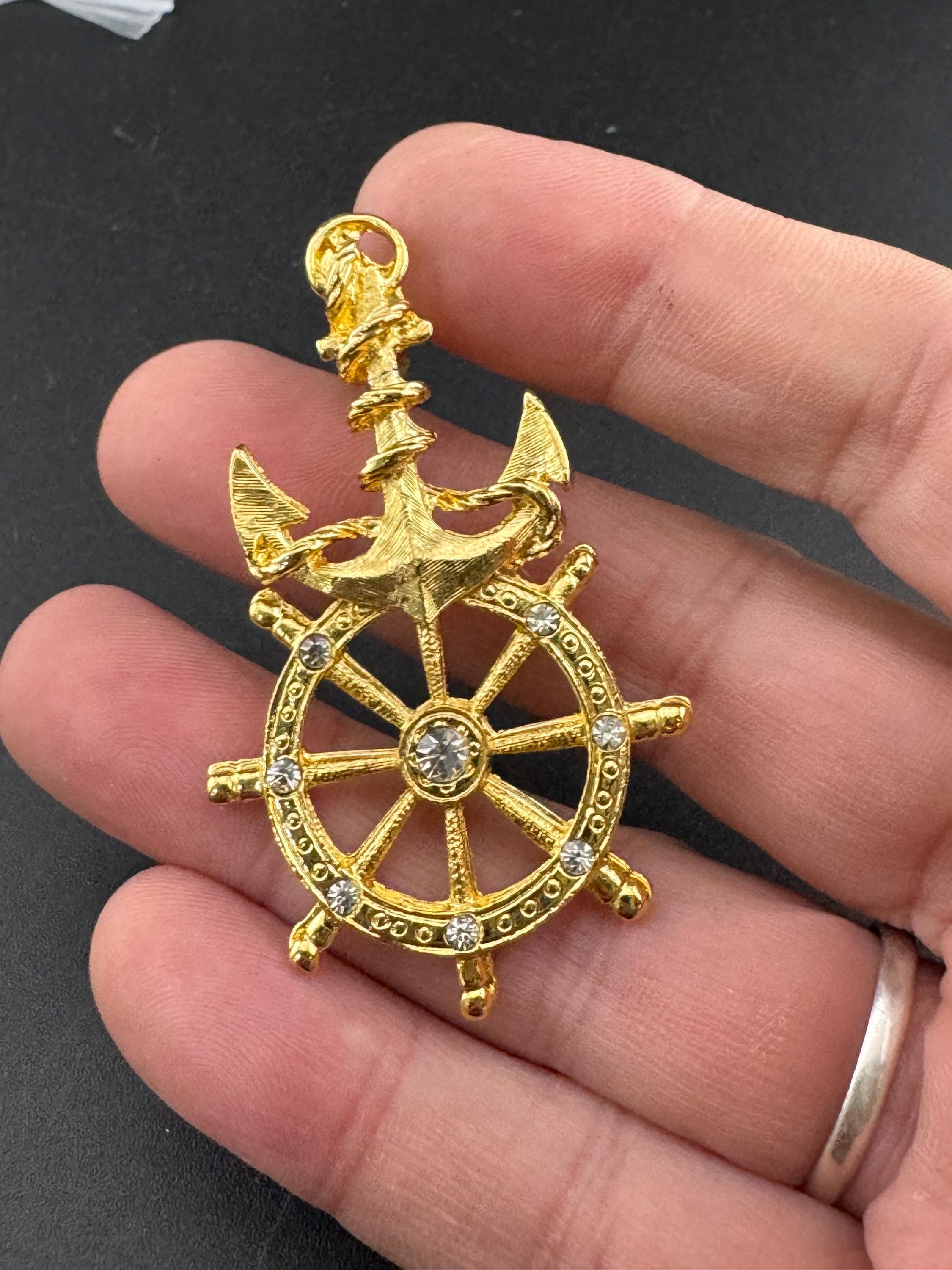 Vintage nautical gold tone clear diamanté crystal ships wheel and anchor Brooch 1980s 1990s seaside seafaring captain ship boat