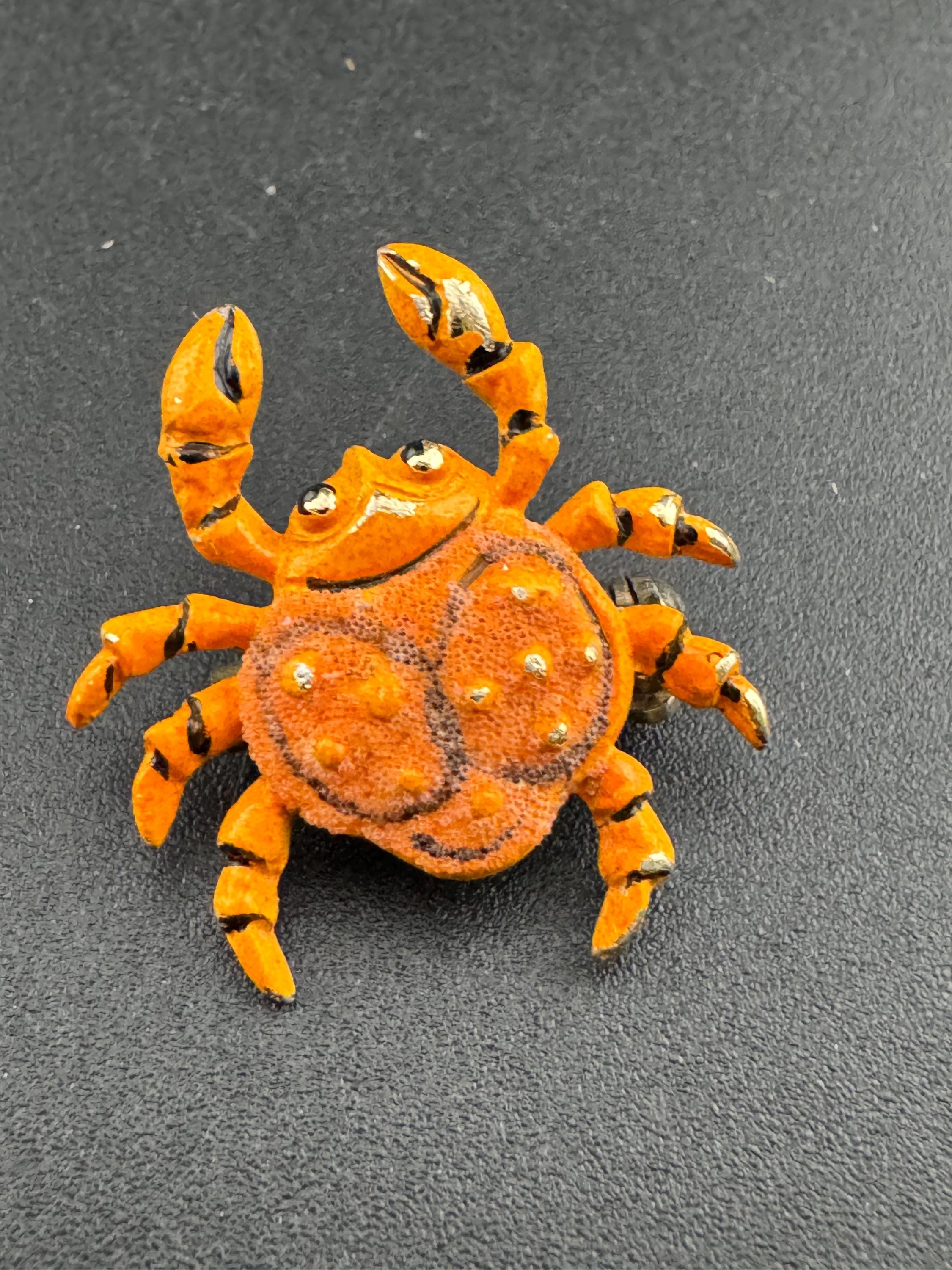 Kitsch Orange Enamel Crab Brooch: Gold Tone Nautical Pin