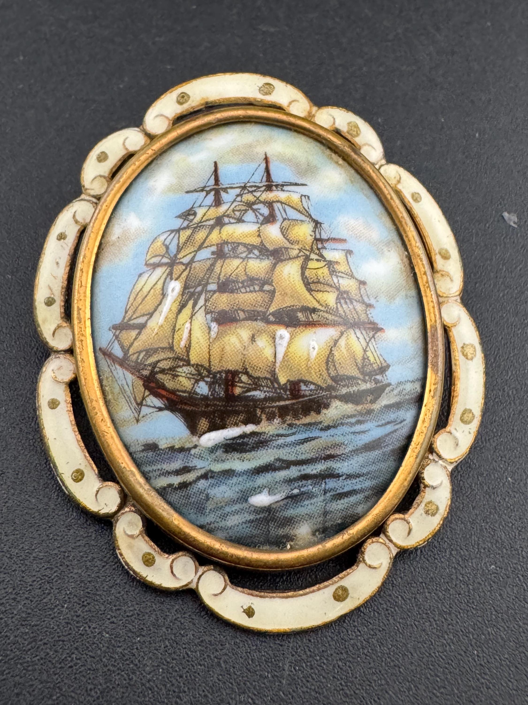 antique enamelled large oval painted sailing ship galleon brooch combination pendant