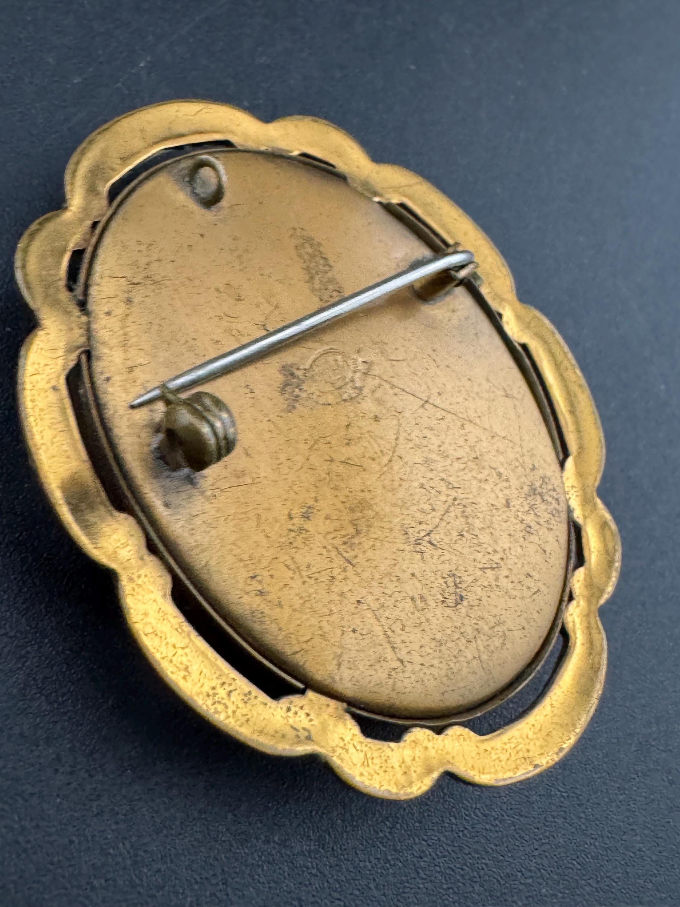 antique enamelled large oval painted sailing ship galleon brooch combination pendant