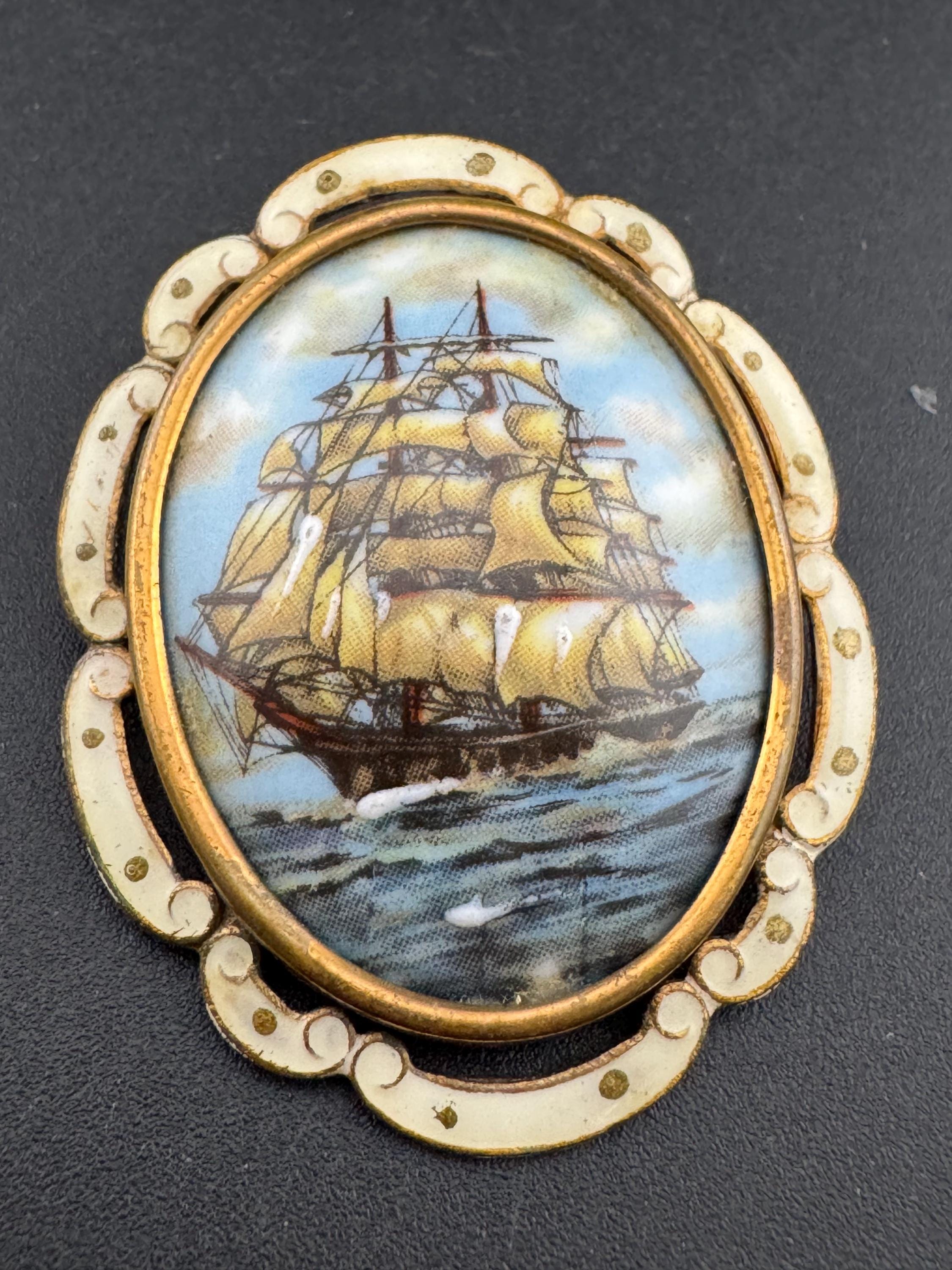 antique enamelled large oval painted sailing ship galleon brooch combination pendant