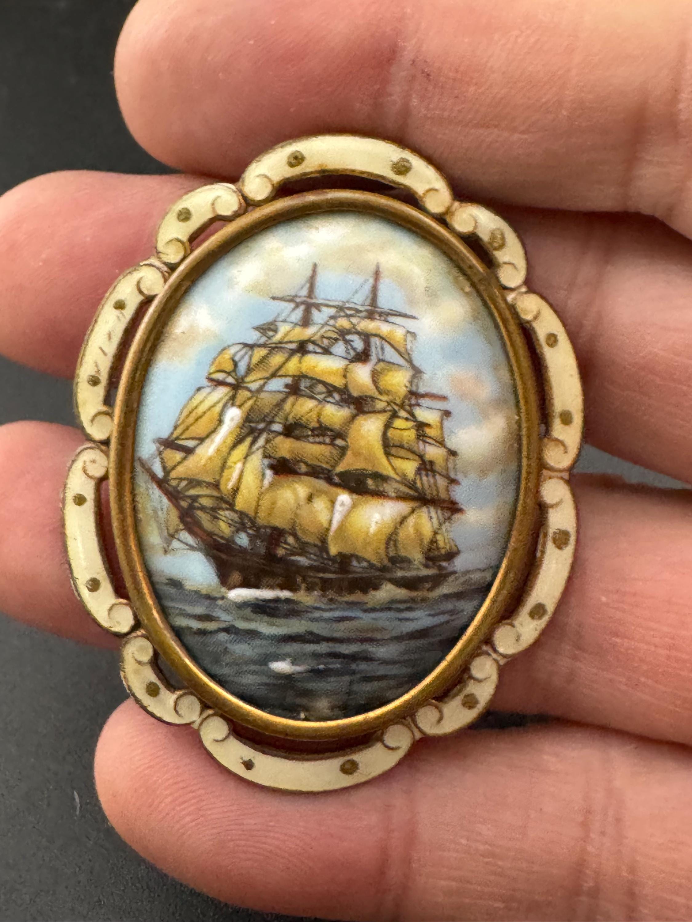 antique enamelled large oval painted sailing ship galleon brooch combination pendant