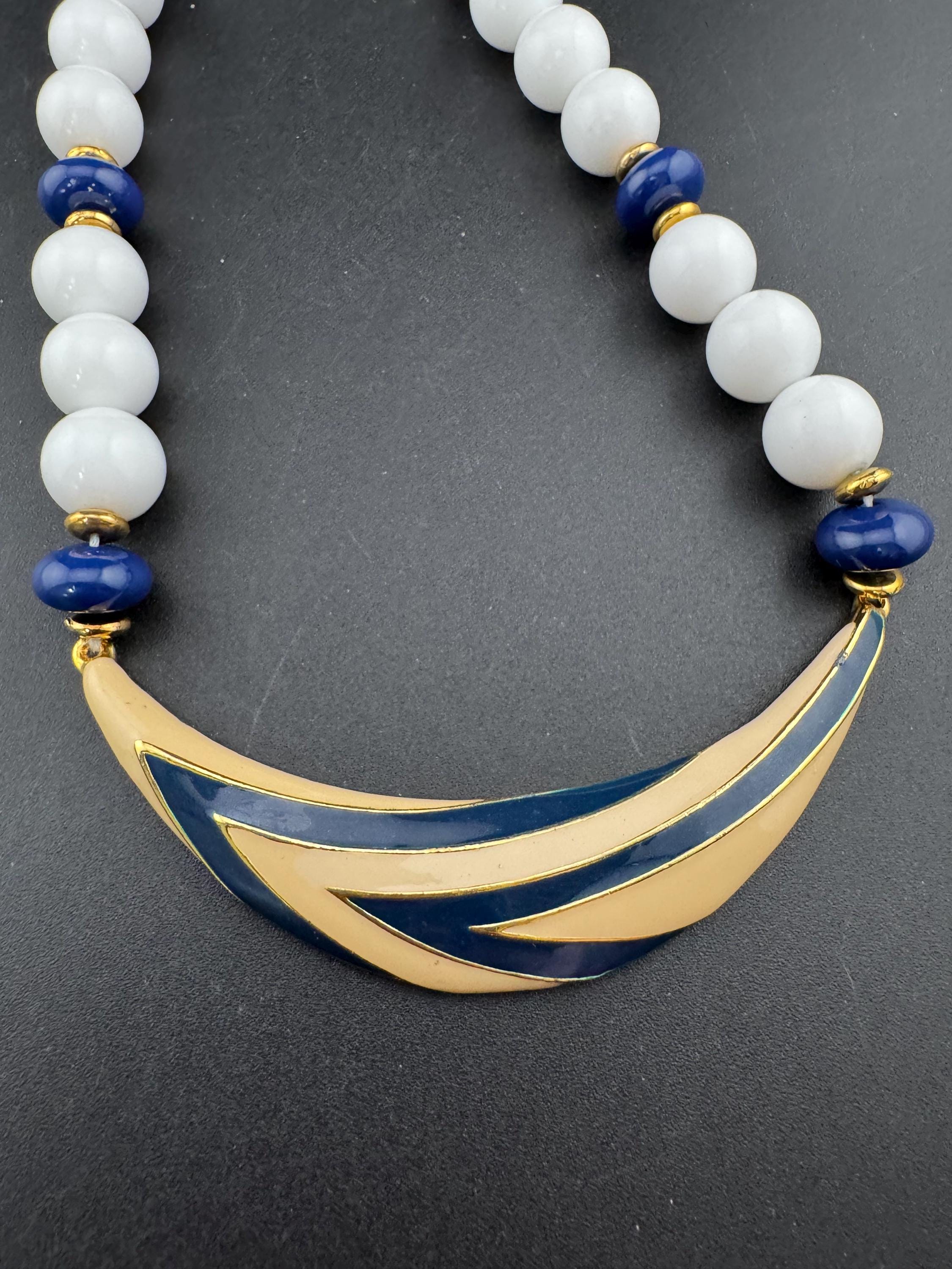 Vintage blue, beige and white enamel beaded plastic necklace, nautical style