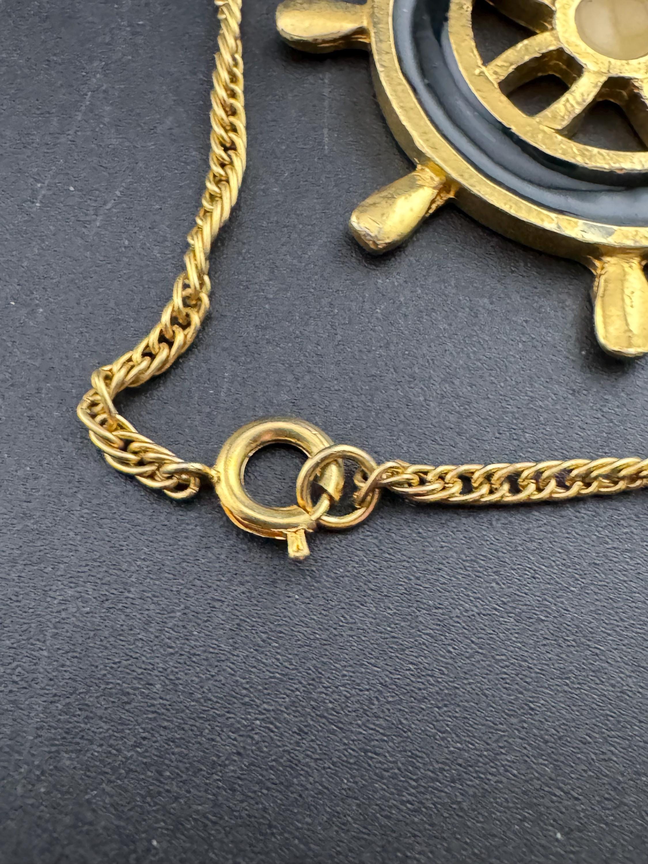 True Vintage navy blue and beige ships wheel nautical pendant necklace on 62cm gold tone chain ideal layering necklace