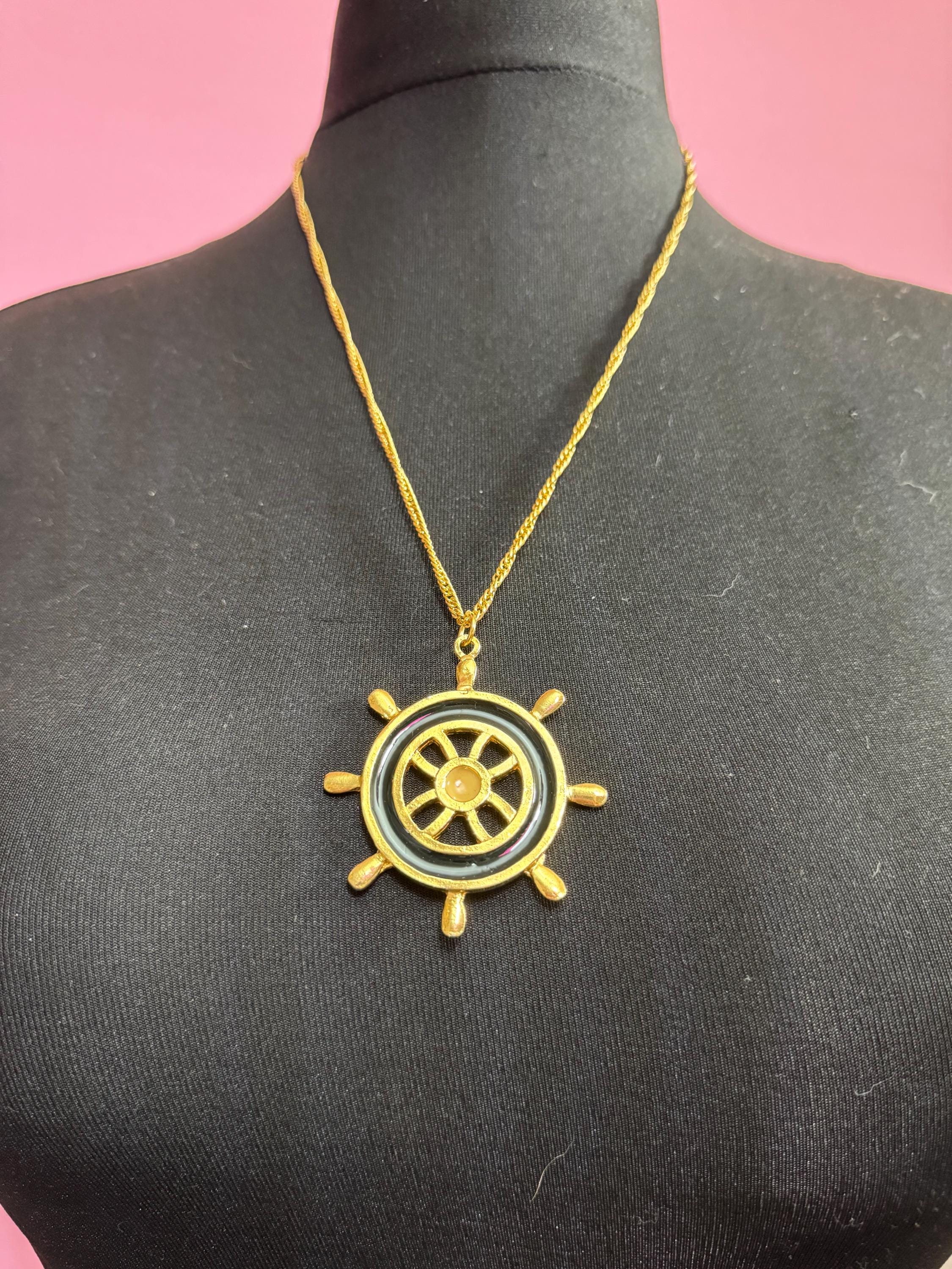 True Vintage navy blue and beige ships wheel nautical pendant necklace on 62cm gold tone chain ideal layering necklace