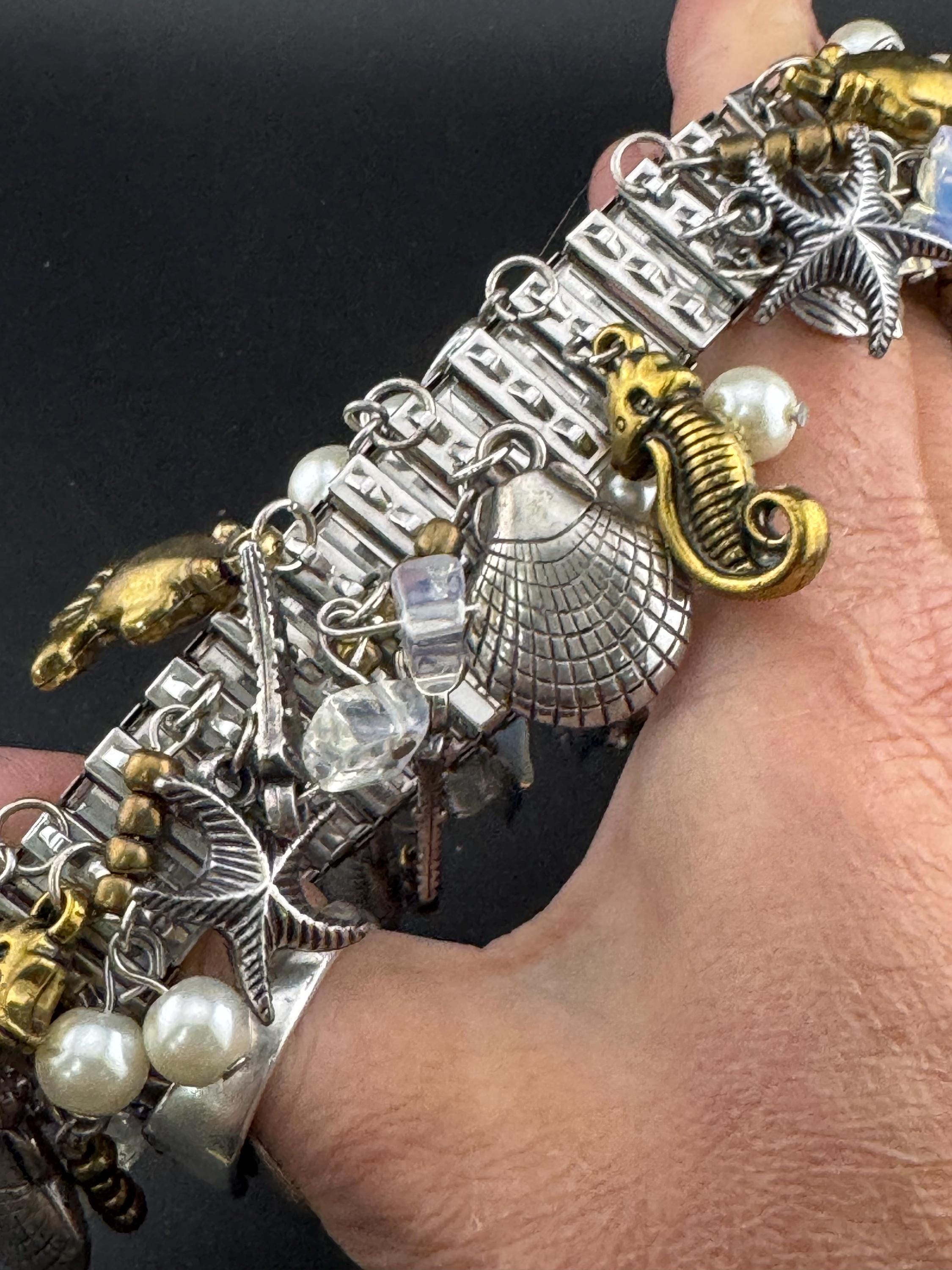 Vintage charm bracelet set with pearl starfishes and seahorses , silver and gold tone chunky 3cm wide expandable stretch cuff bracelet