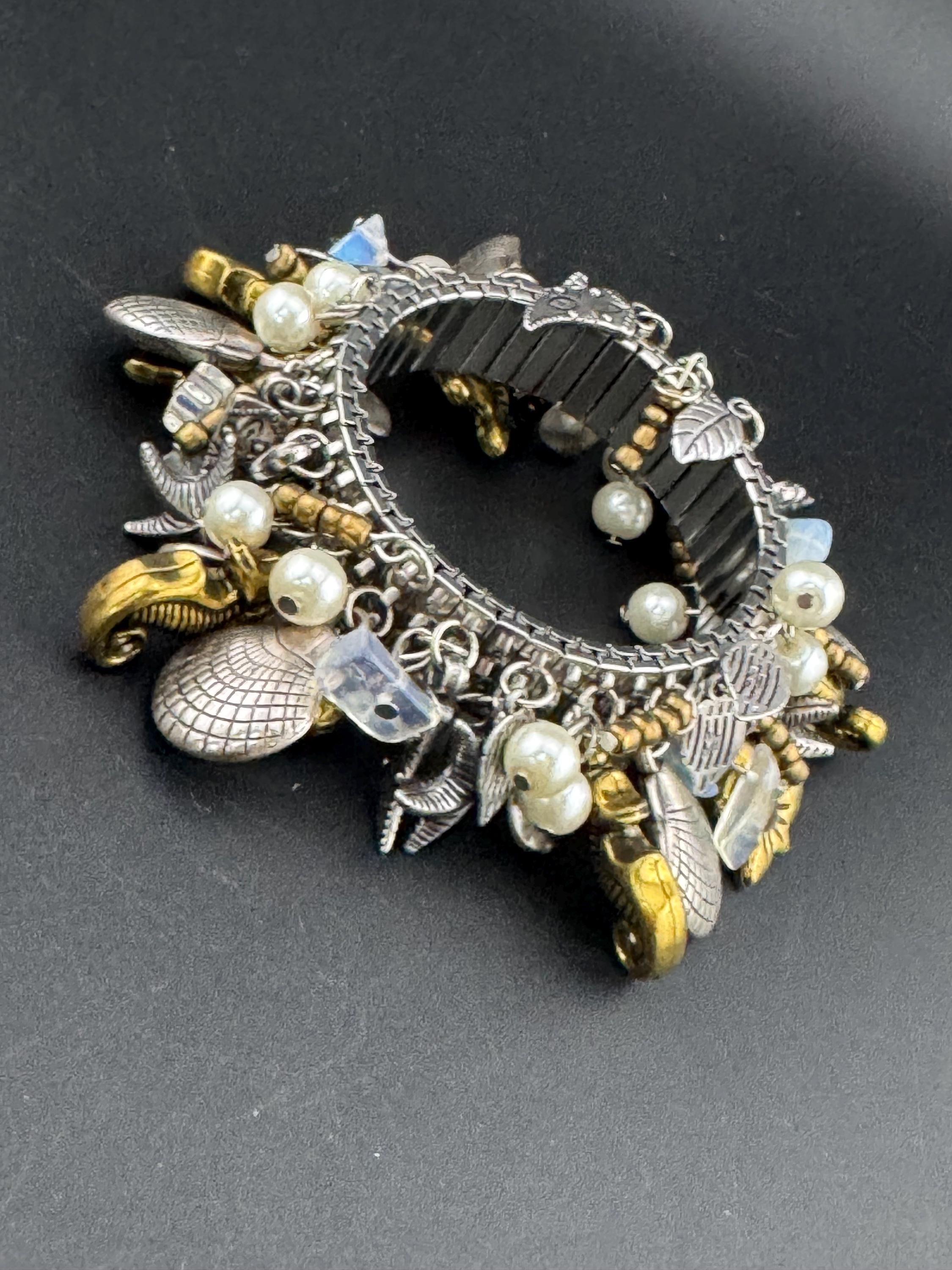 Vintage charm bracelet set with pearl starfishes and seahorses , silver and gold tone chunky 3cm wide expandable stretch cuff bracelet