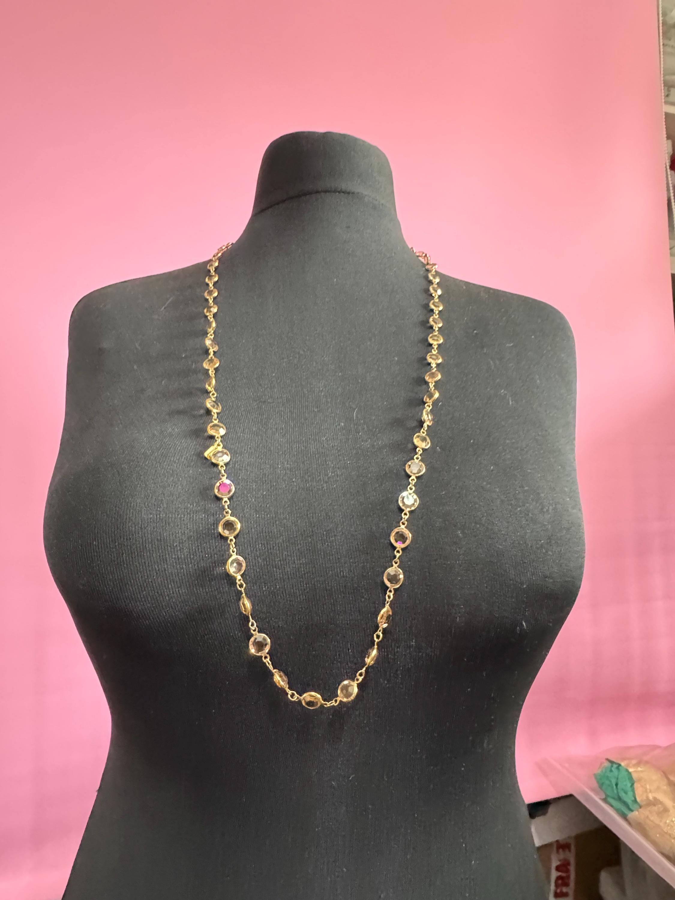 Signed Swarovski crystal Vintage 90cm gold tone soft brown topaz taupe coloured rivière glass bezel chain link station necklace