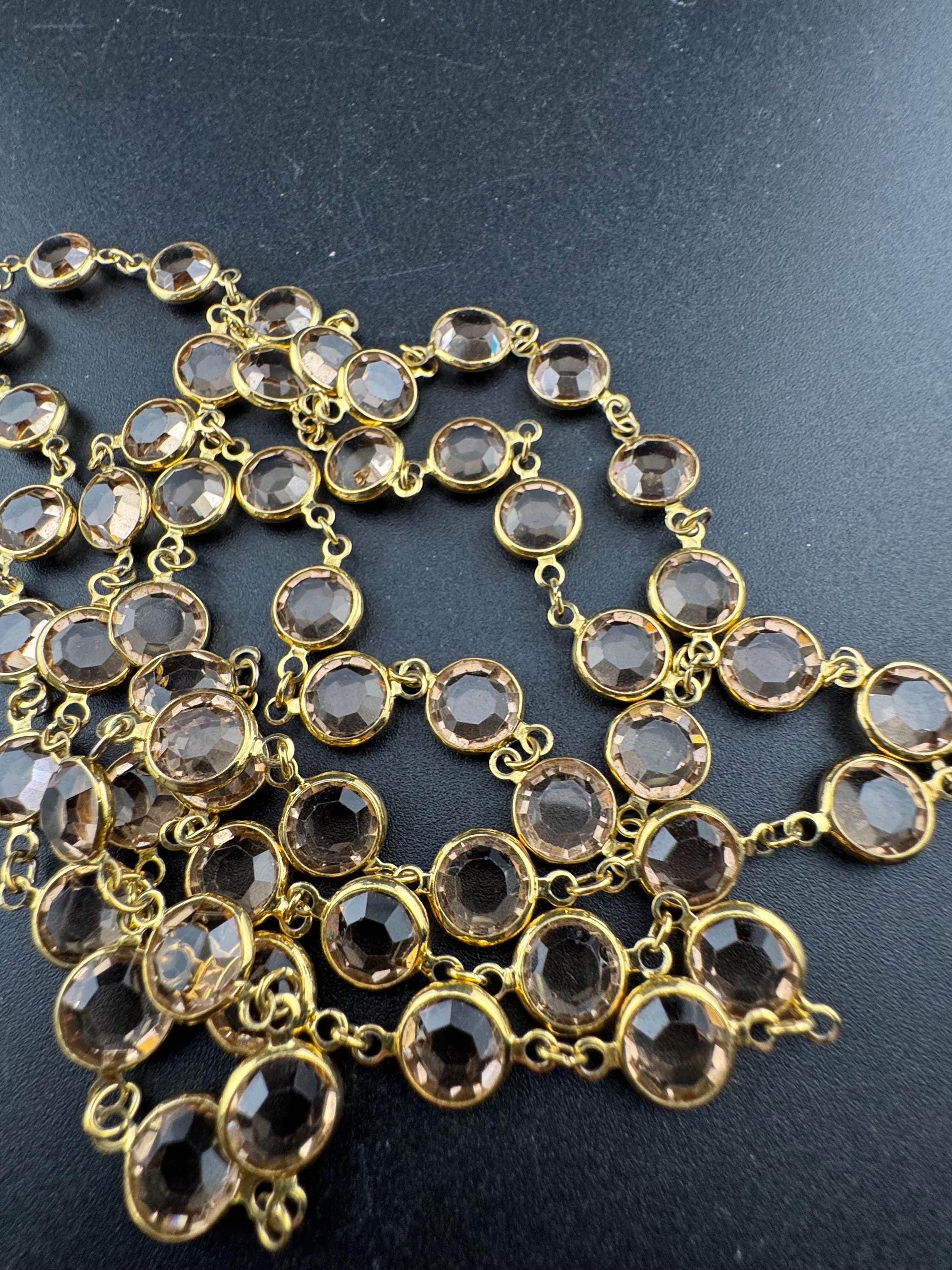 Signed Swarovski crystal Vintage 90cm gold tone soft brown topaz taupe coloured rivière glass bezel chain link station necklace