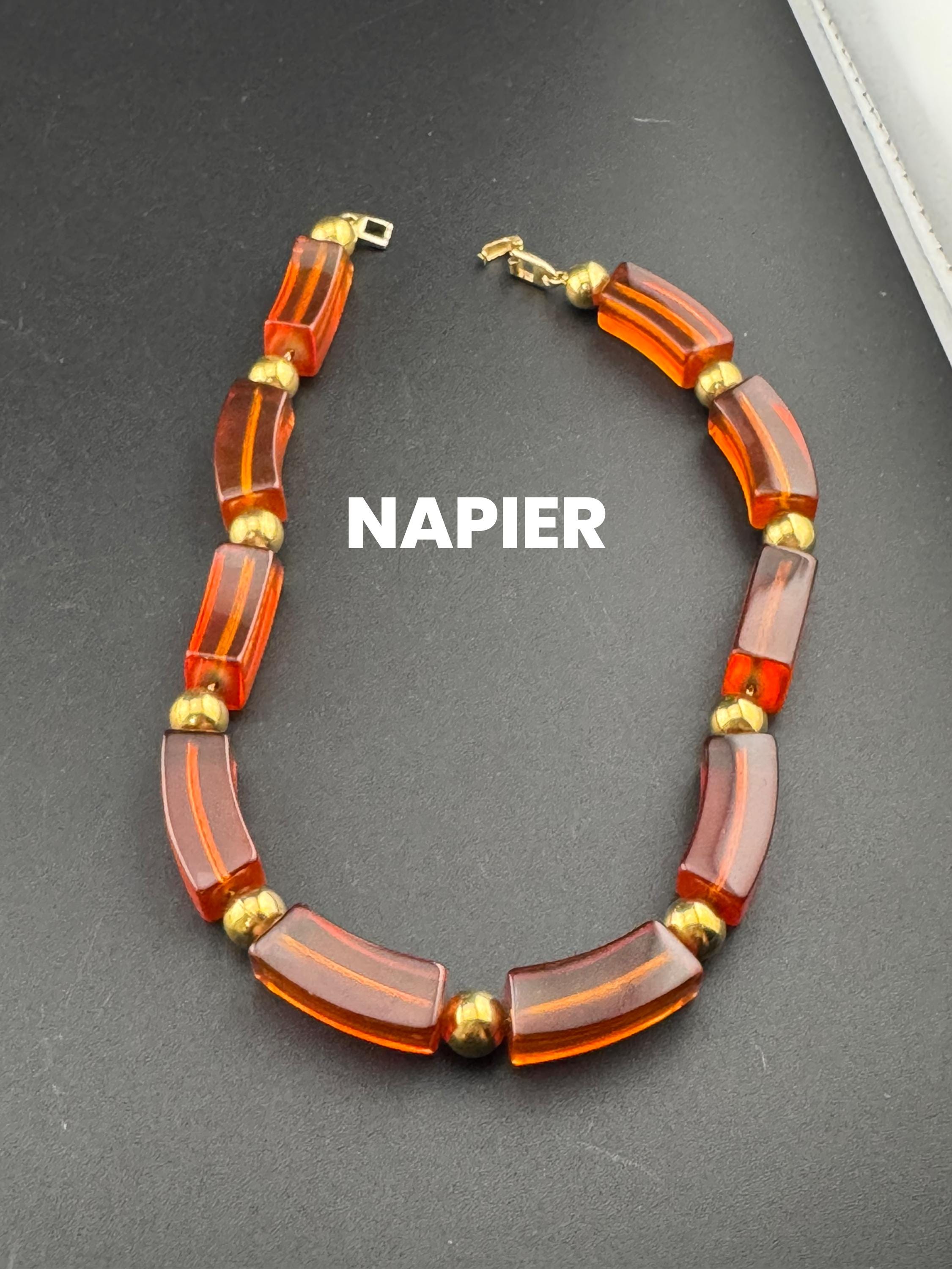 signed NAPIER oversized gold tone amber brown plastic beads chunky bead choker necklace