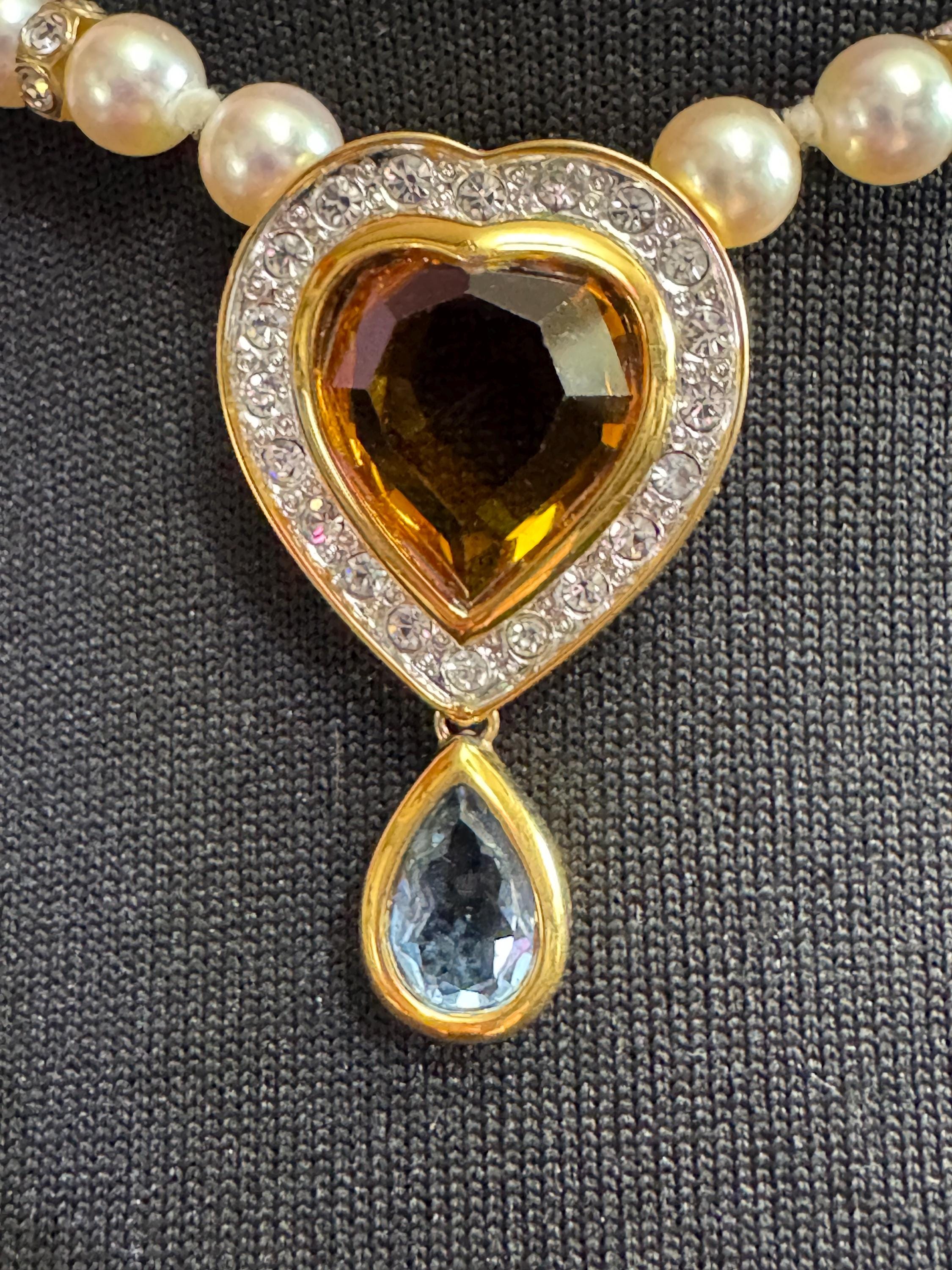 Signed Swarovski SAL gold tone high end orange topaz crystal heart diamanté pearl necklace