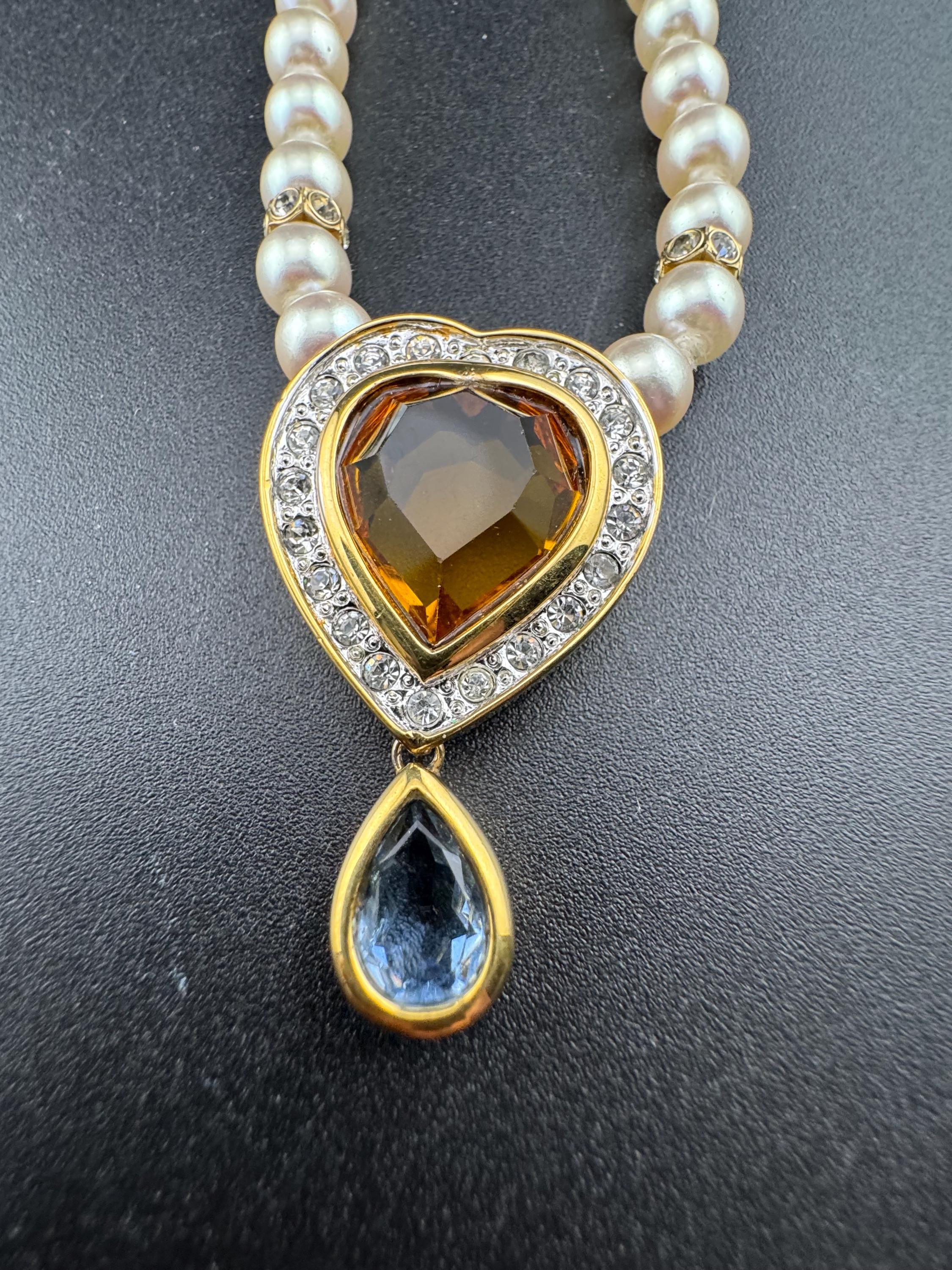 Signed Swarovski SAL gold tone high end orange topaz crystal heart diamanté pearl necklace