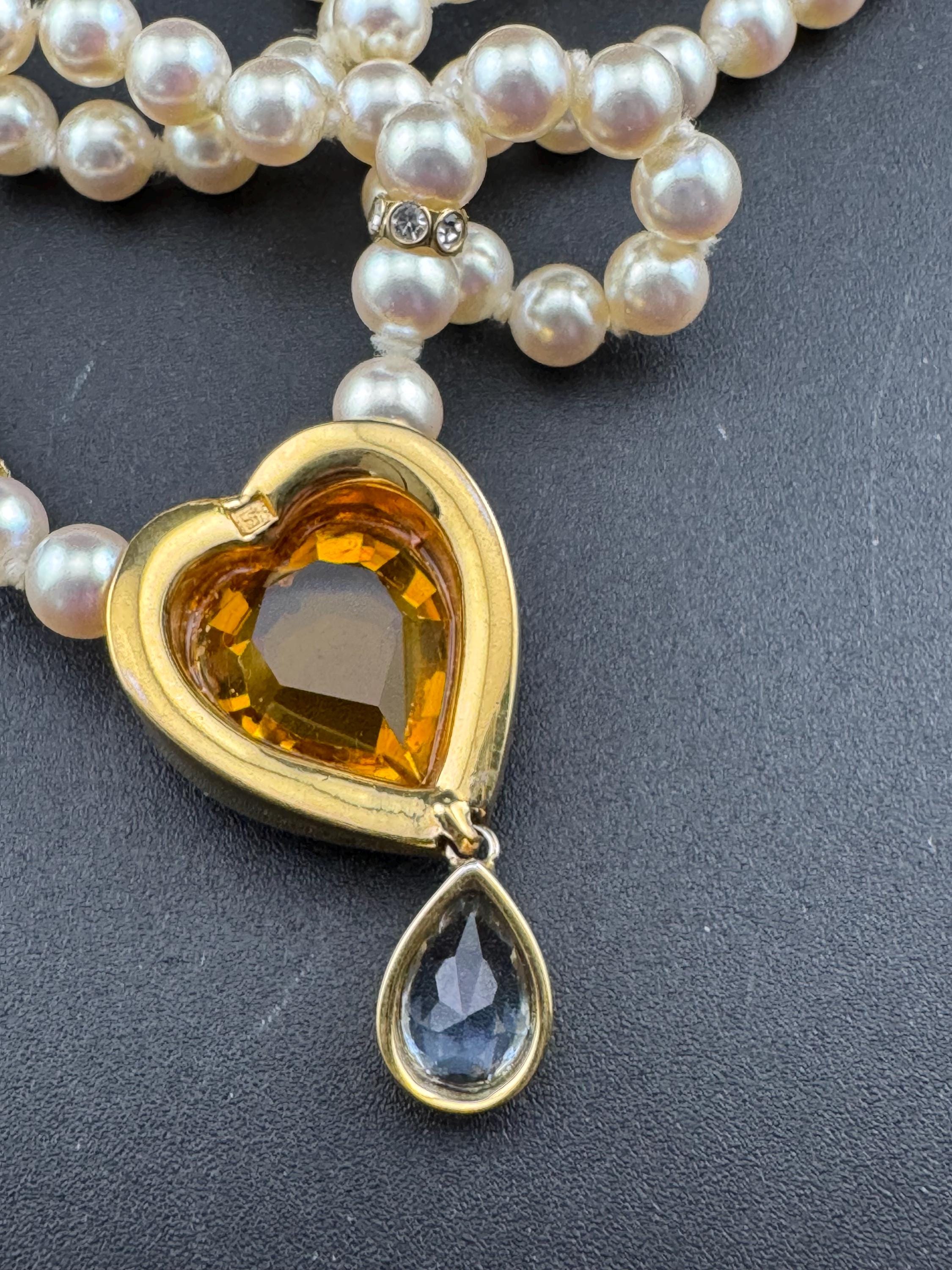 Signed Swarovski SAL gold tone high end orange topaz crystal heart diamanté pearl necklace