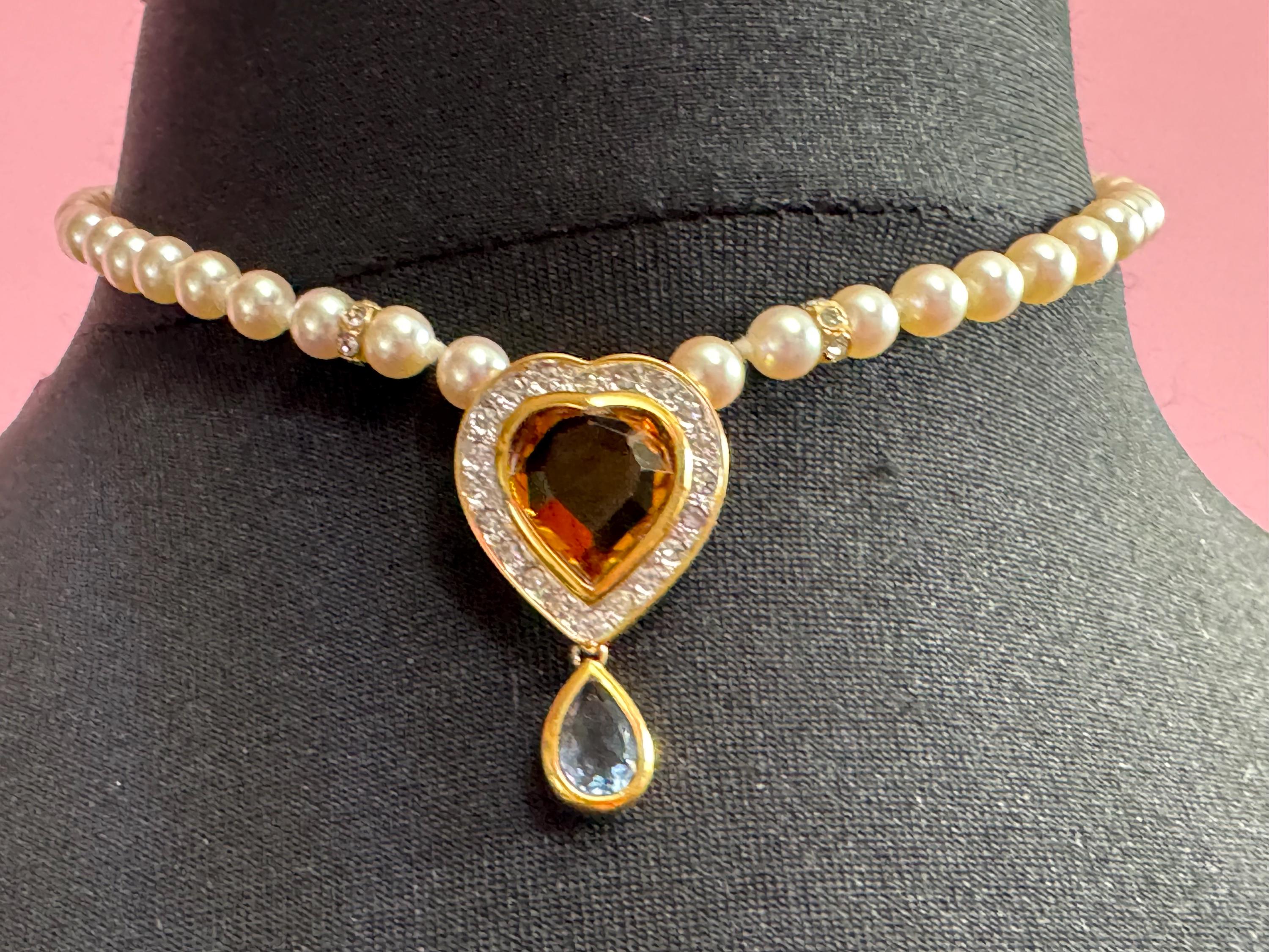 Signed Swarovski SAL gold tone high end orange topaz crystal heart diamanté pearl necklace