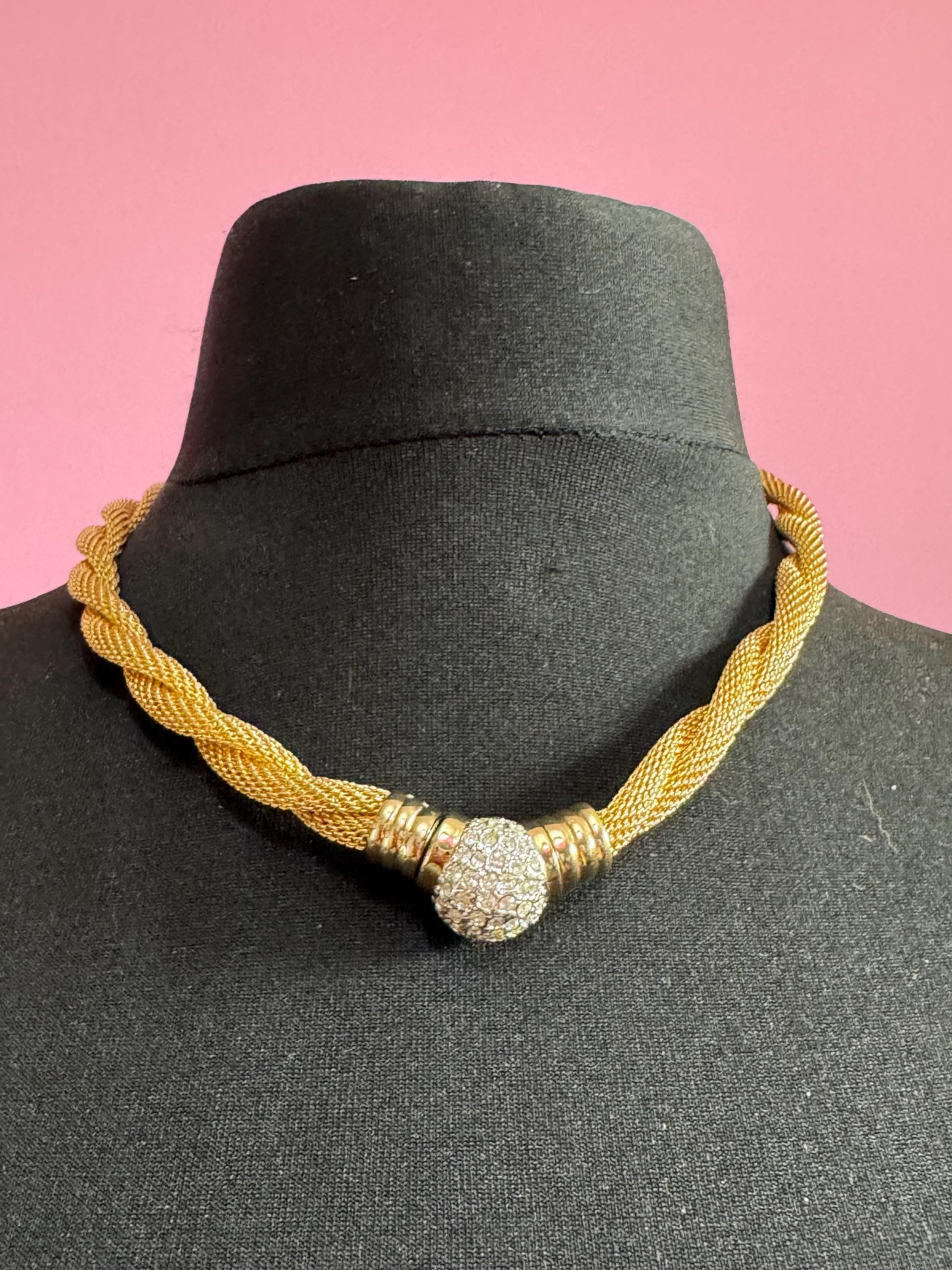 Signed IVANA Trump modernist and versatile gold tone wide mesh choker necklace with clear diamanté detail and popper clasp