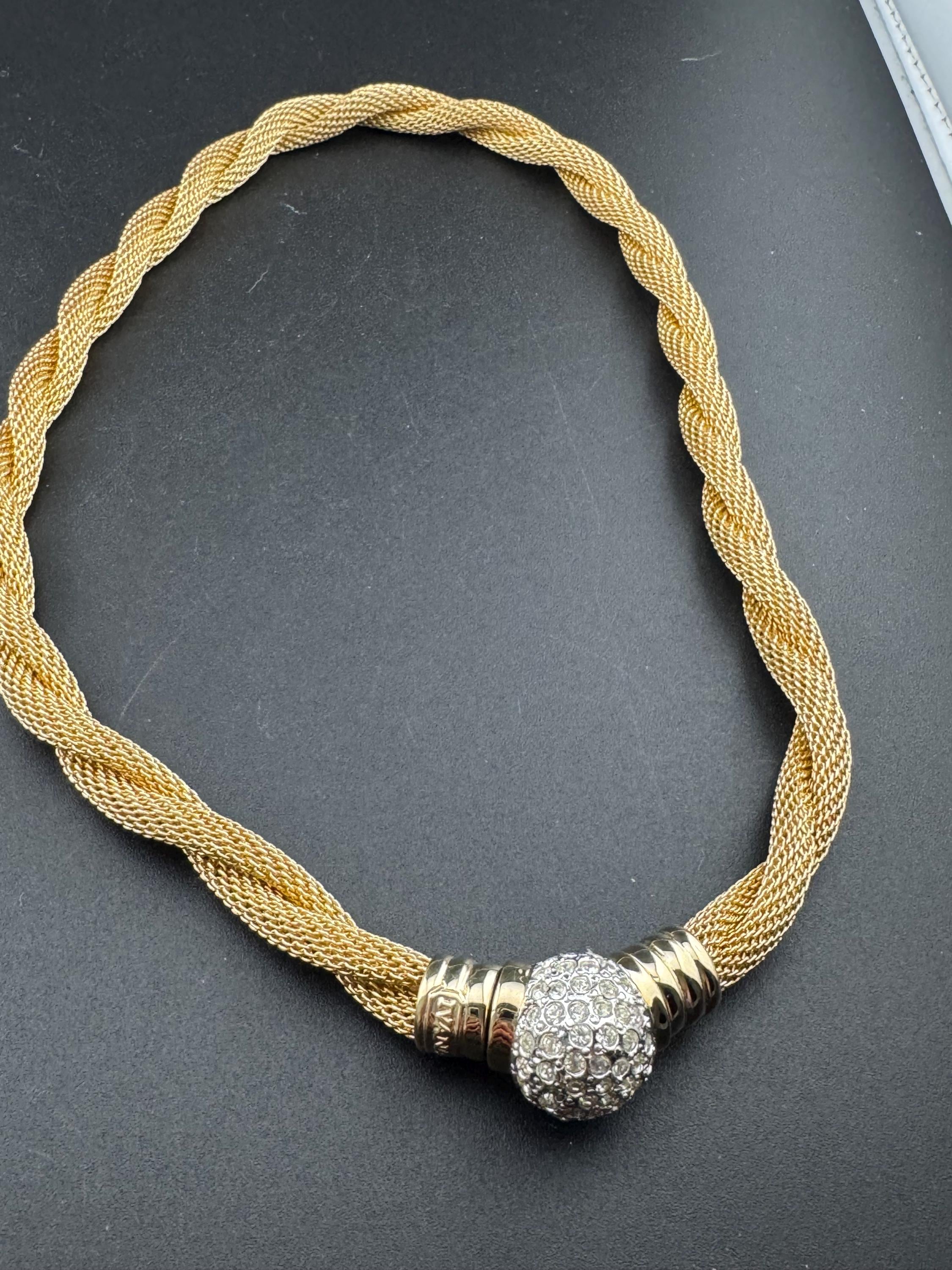 Signed IVANA Trump modernist and versatile gold tone wide mesh choker necklace with clear diamanté detail and popper clasp