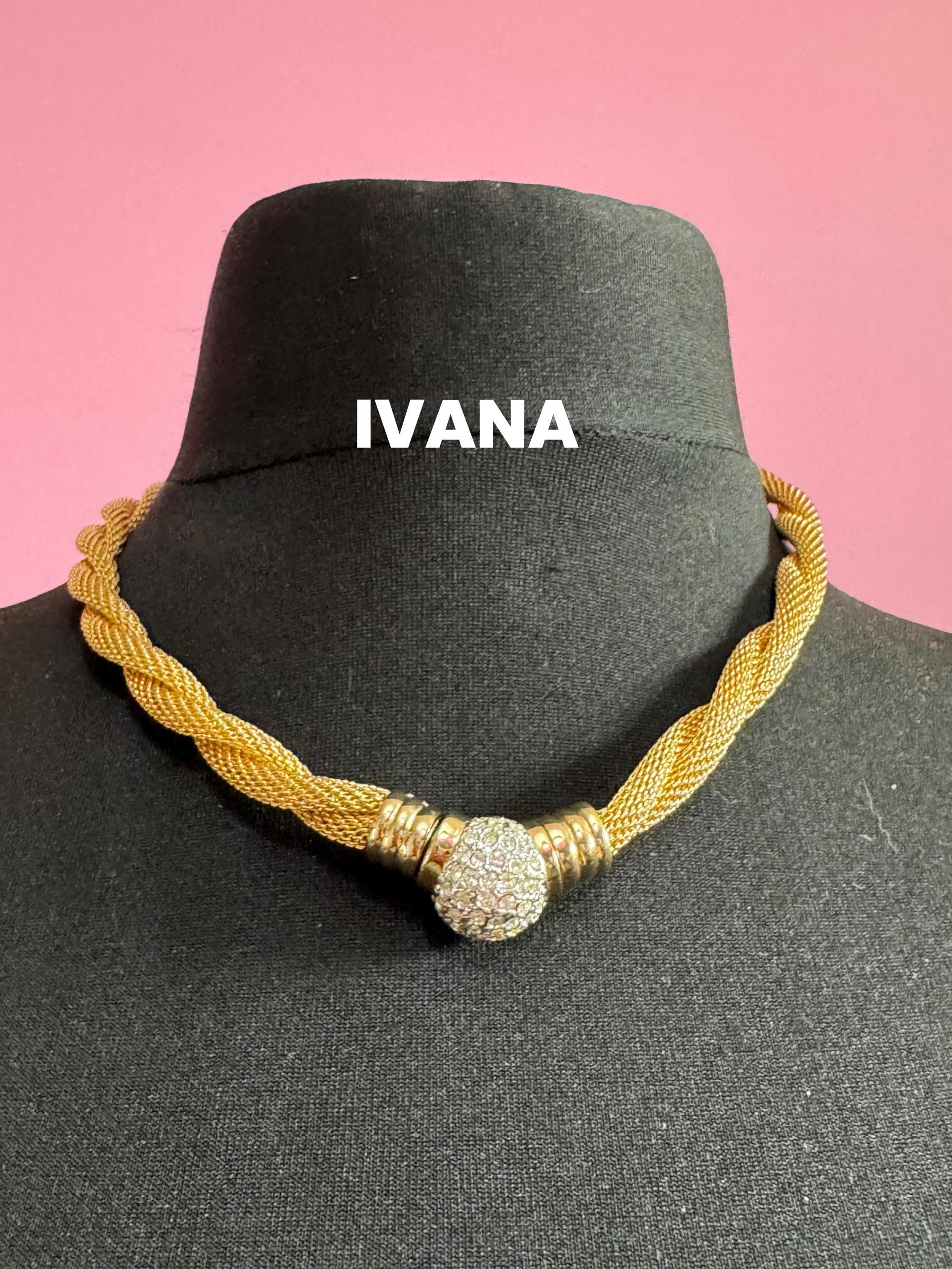 Signed IVANA Trump modernist and versatile gold tone wide mesh choker necklace with clear diamanté detail and popper clasp