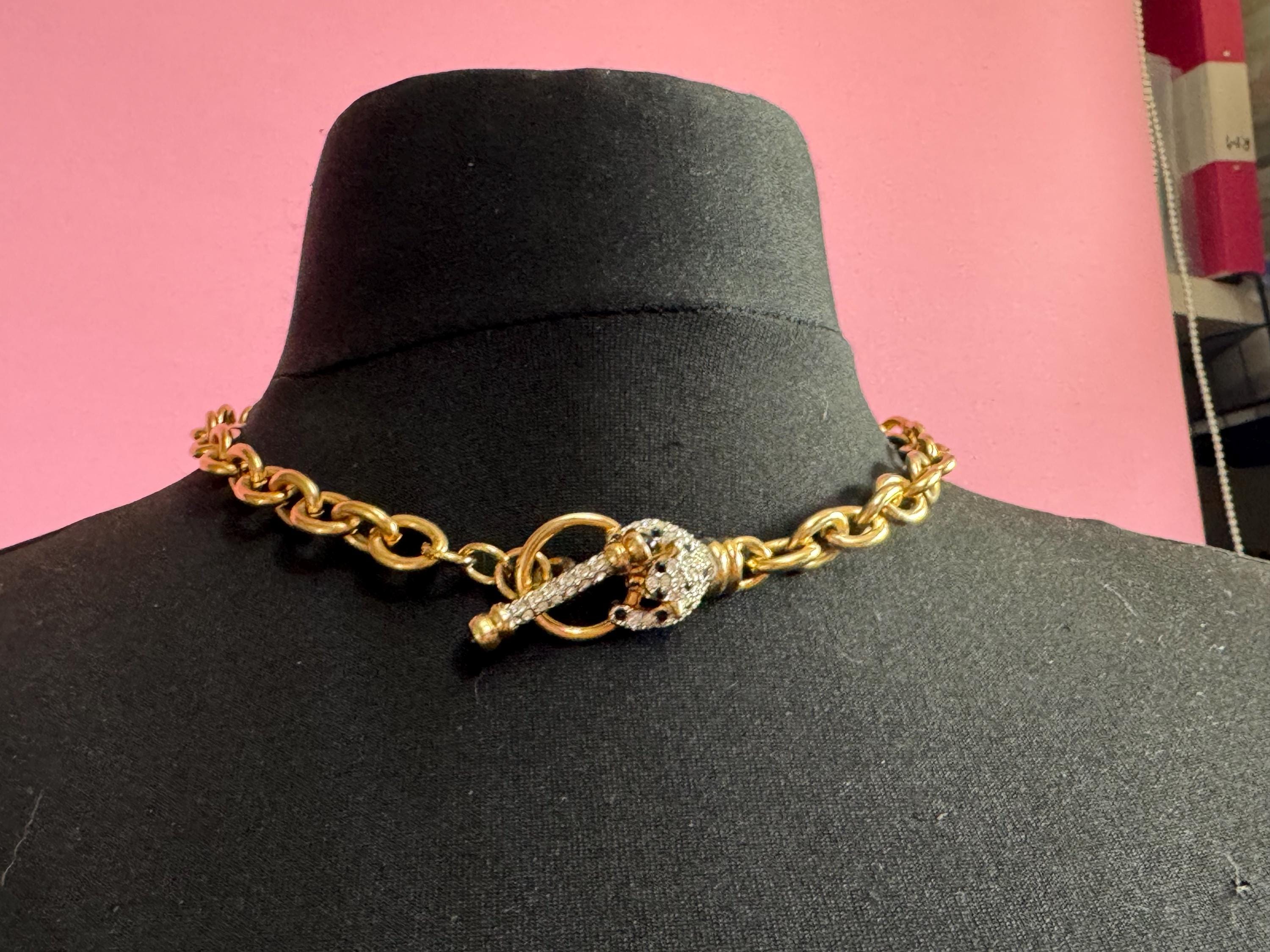 Signed IVANA Trump rhinestone leopard choker necklace with cabochon toggle clasp