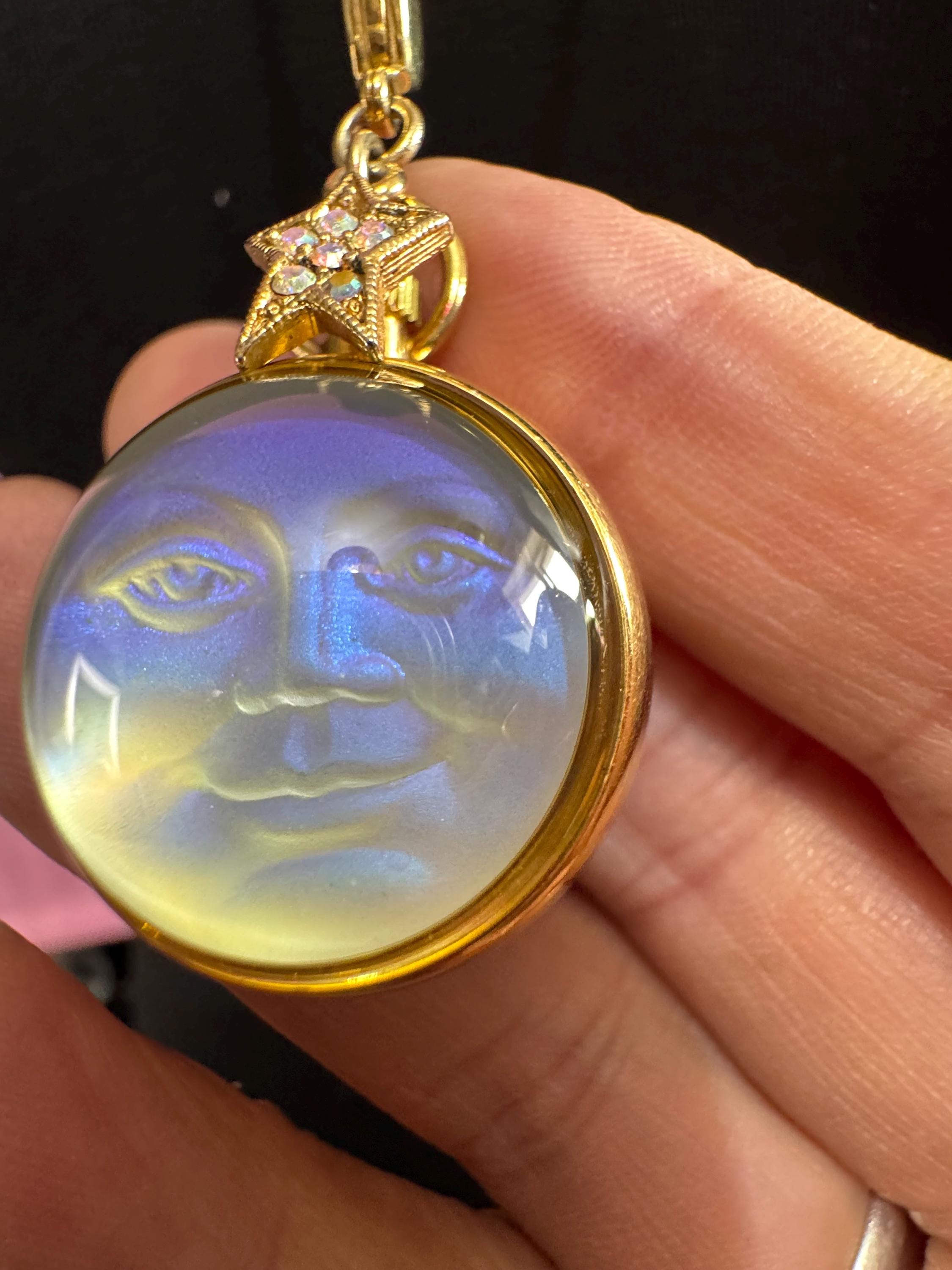 Signed Kirk’s Folly man in the moon ball pendant watch on a 86cm Kenneth lane gold plated long chain