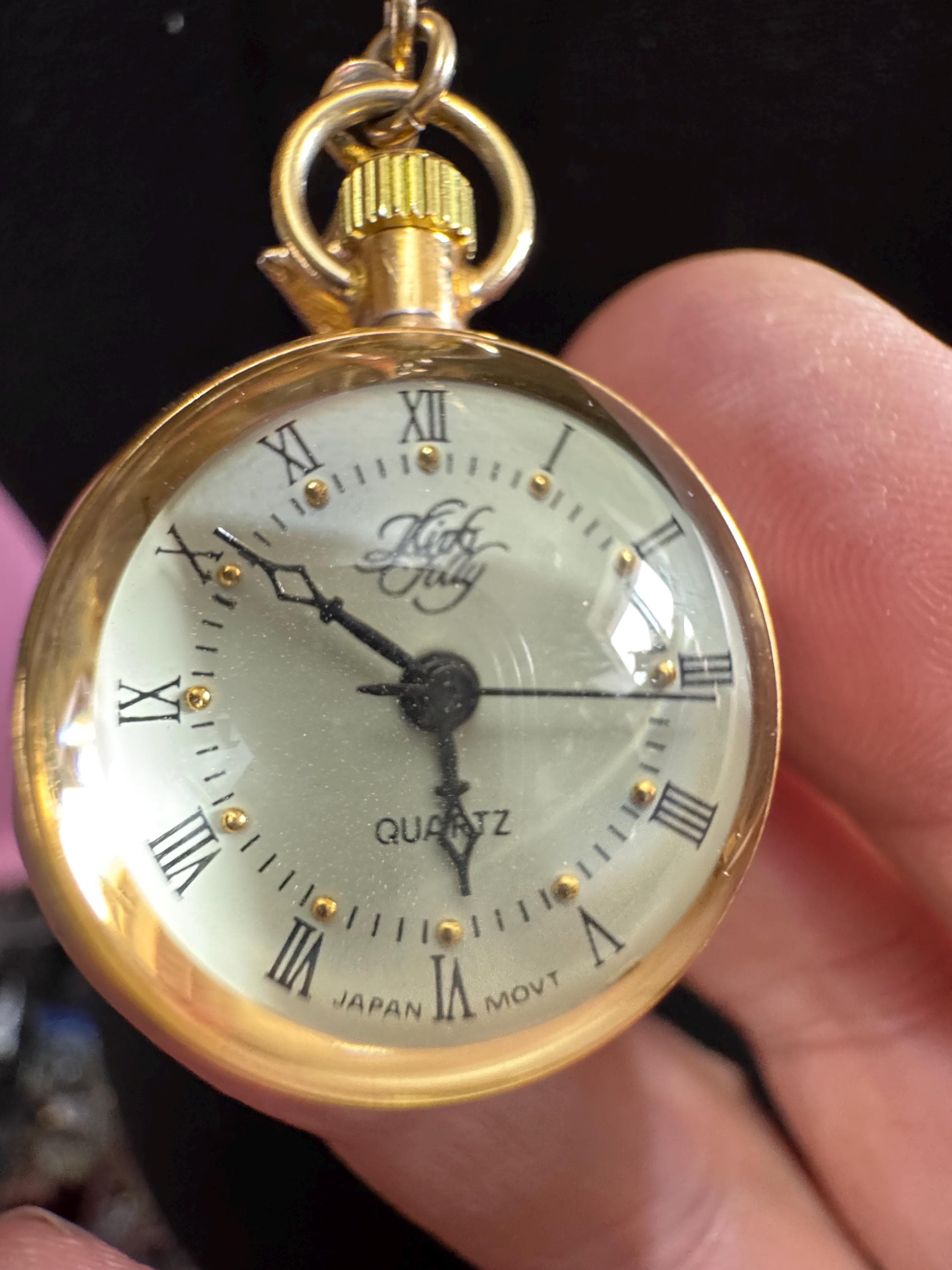Signed Kirk’s Folly man in the moon ball pendant watch on a 86cm Kenneth lane gold plated long chain