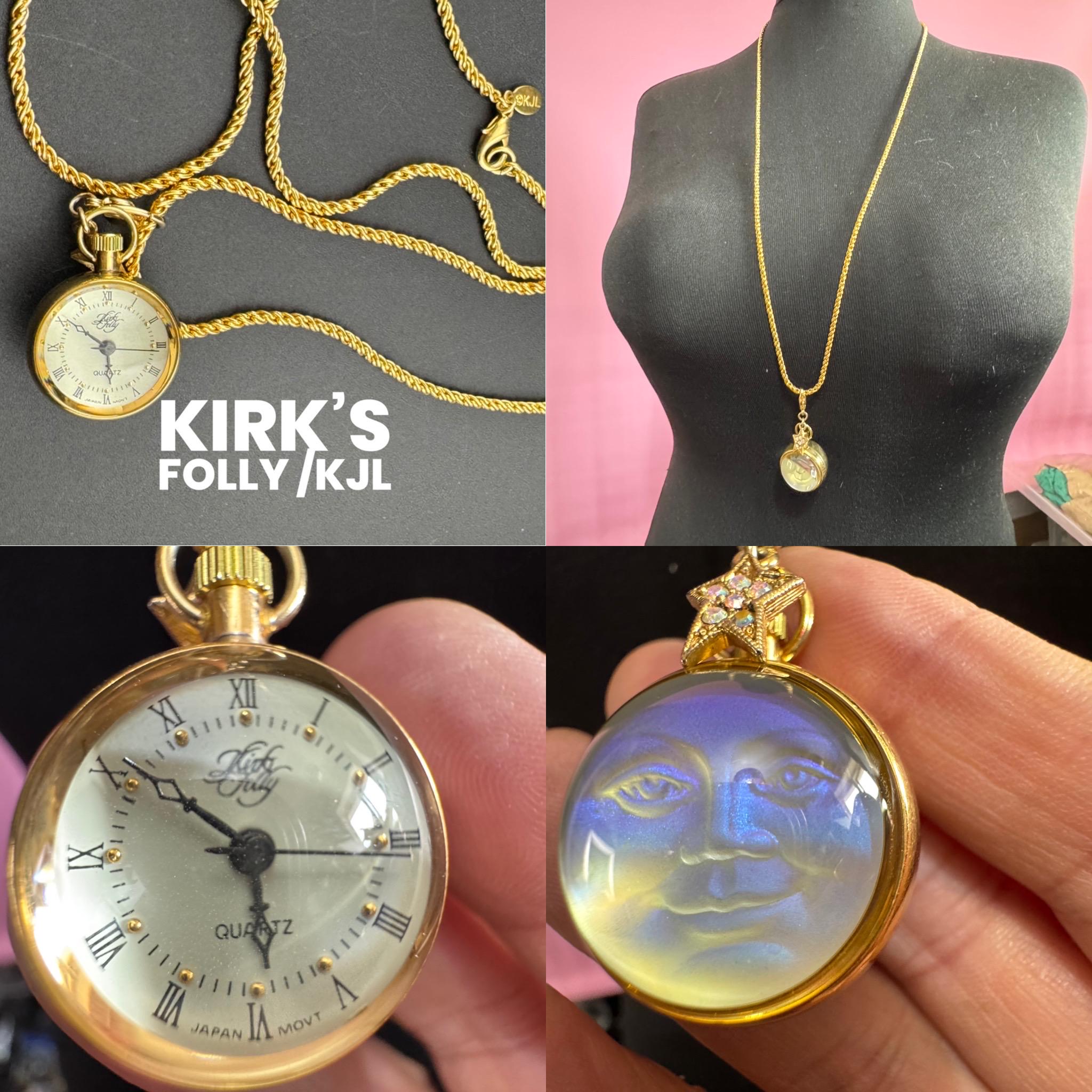 Signed Kirk’s Folly man in the moon ball pendant watch on a 86cm Kenneth lane gold plated long chain