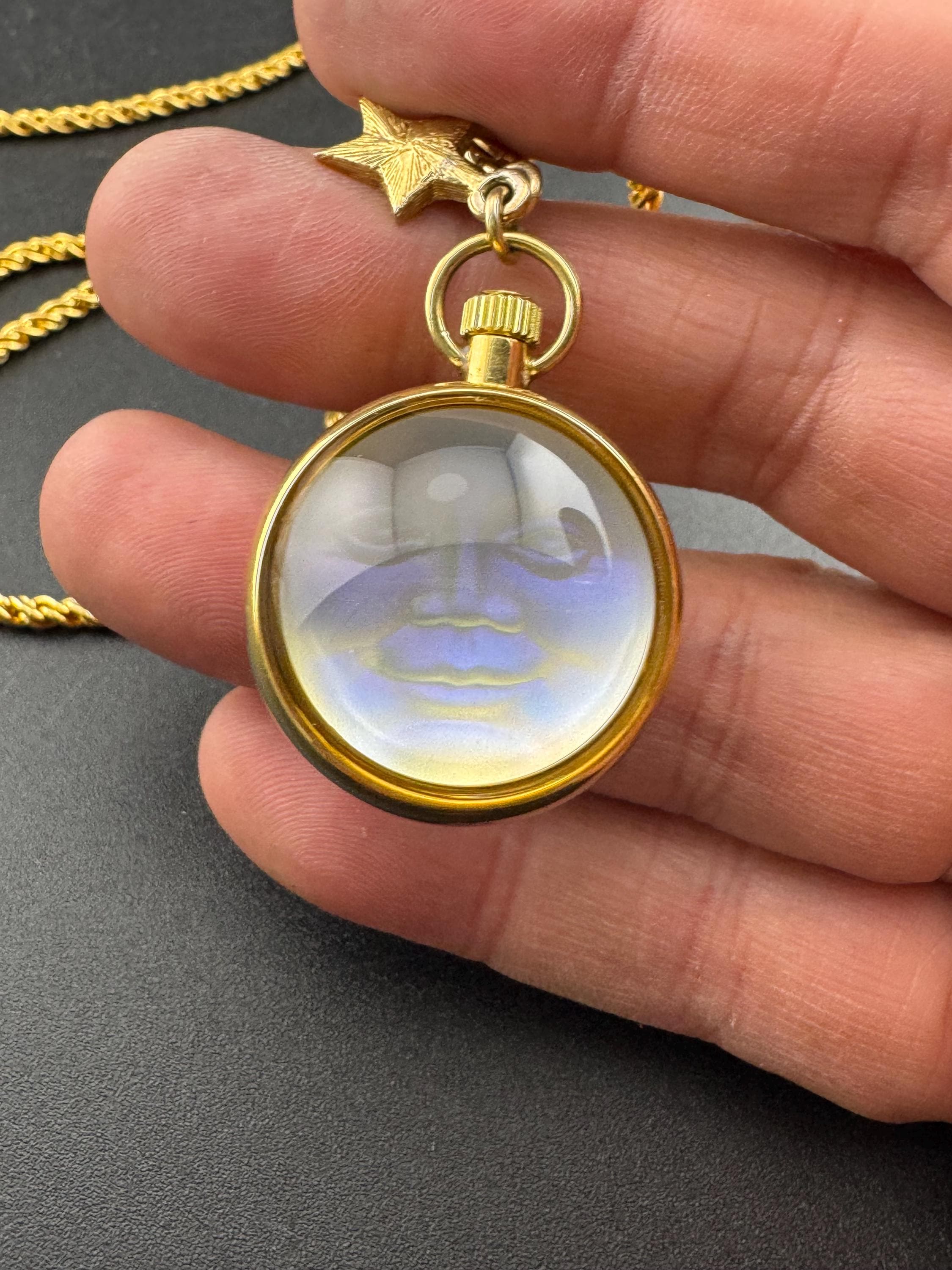 Signed Kirk’s Folly man in the moon ball pendant watch on a 86cm Kenneth lane gold plated long chain