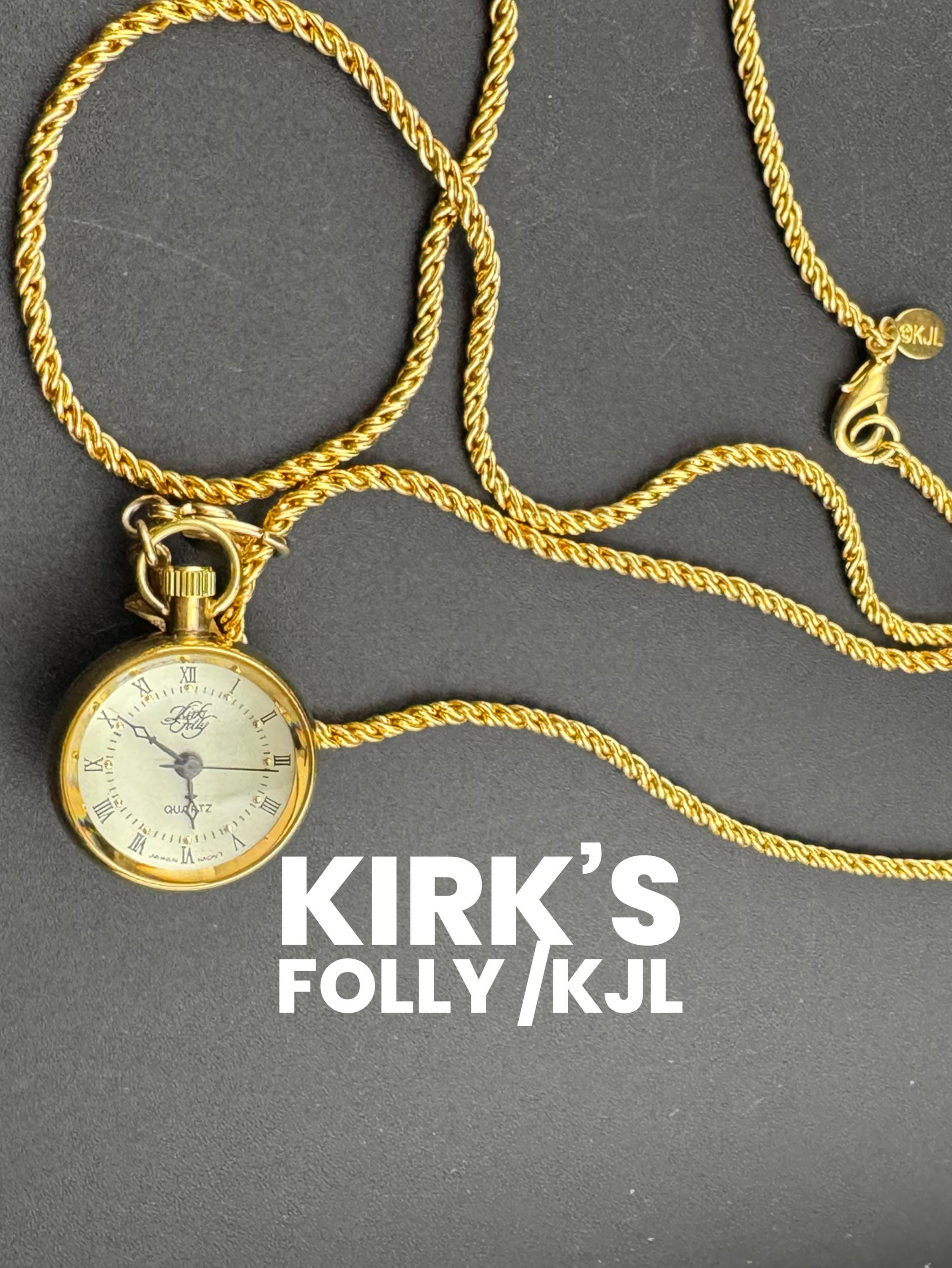 Signed Kirk’s Folly man in the moon ball pendant watch on a 86cm Kenneth lane gold plated long chain