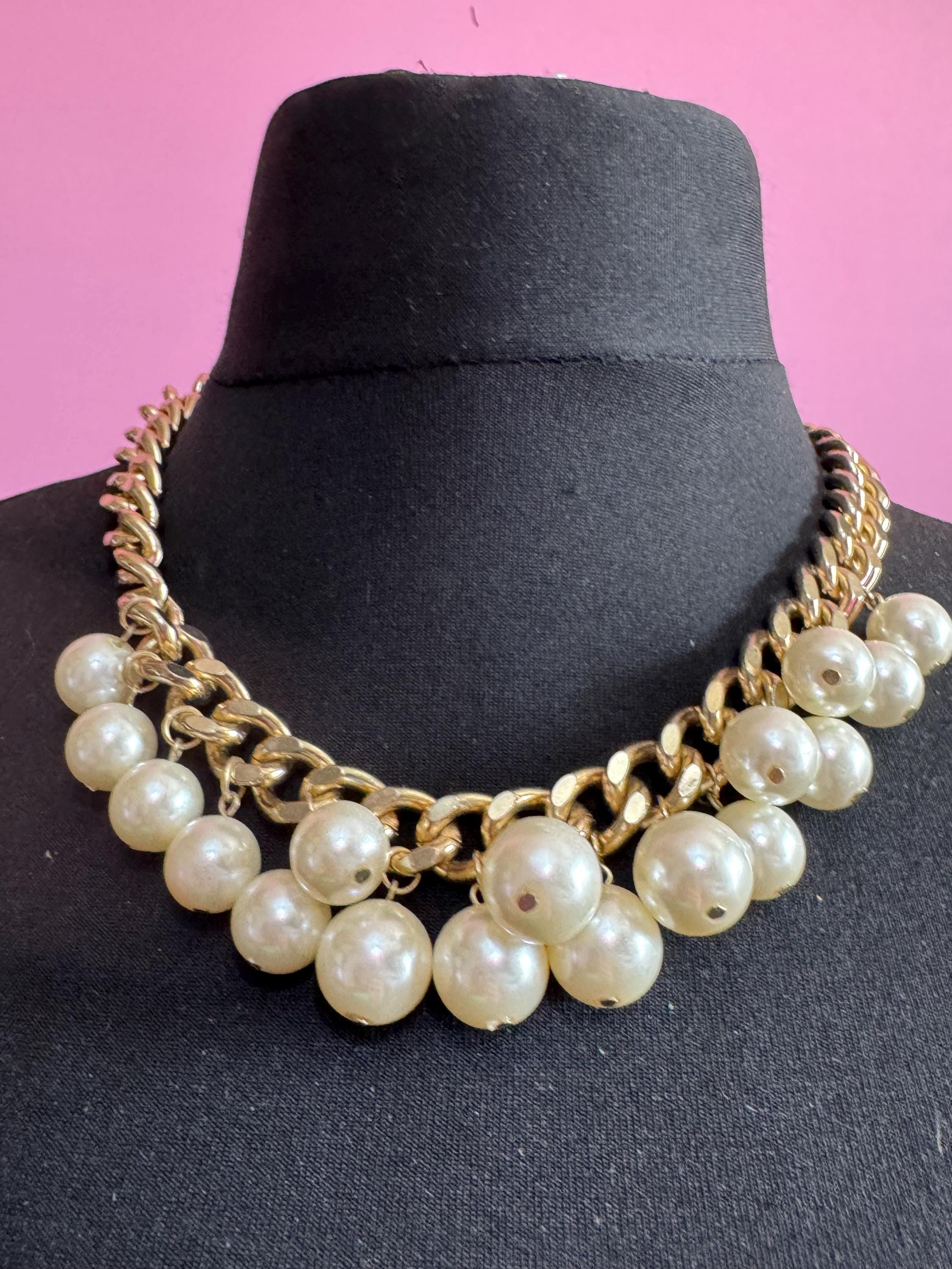 retro faux pearl multi strand beaded statement choker necklace
