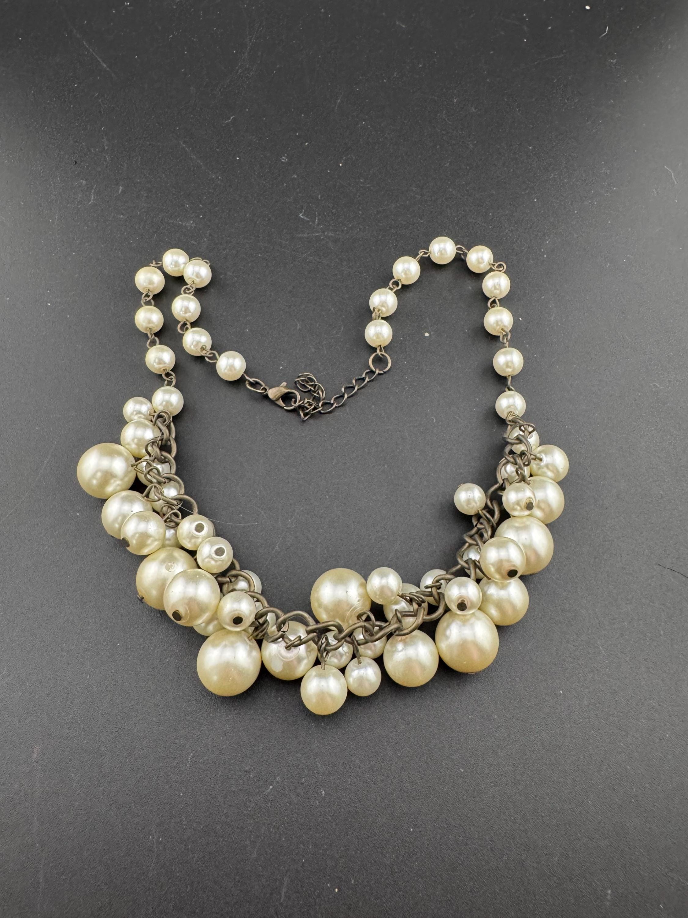 retro faux glass pearl beaded statement choker cluster necklace