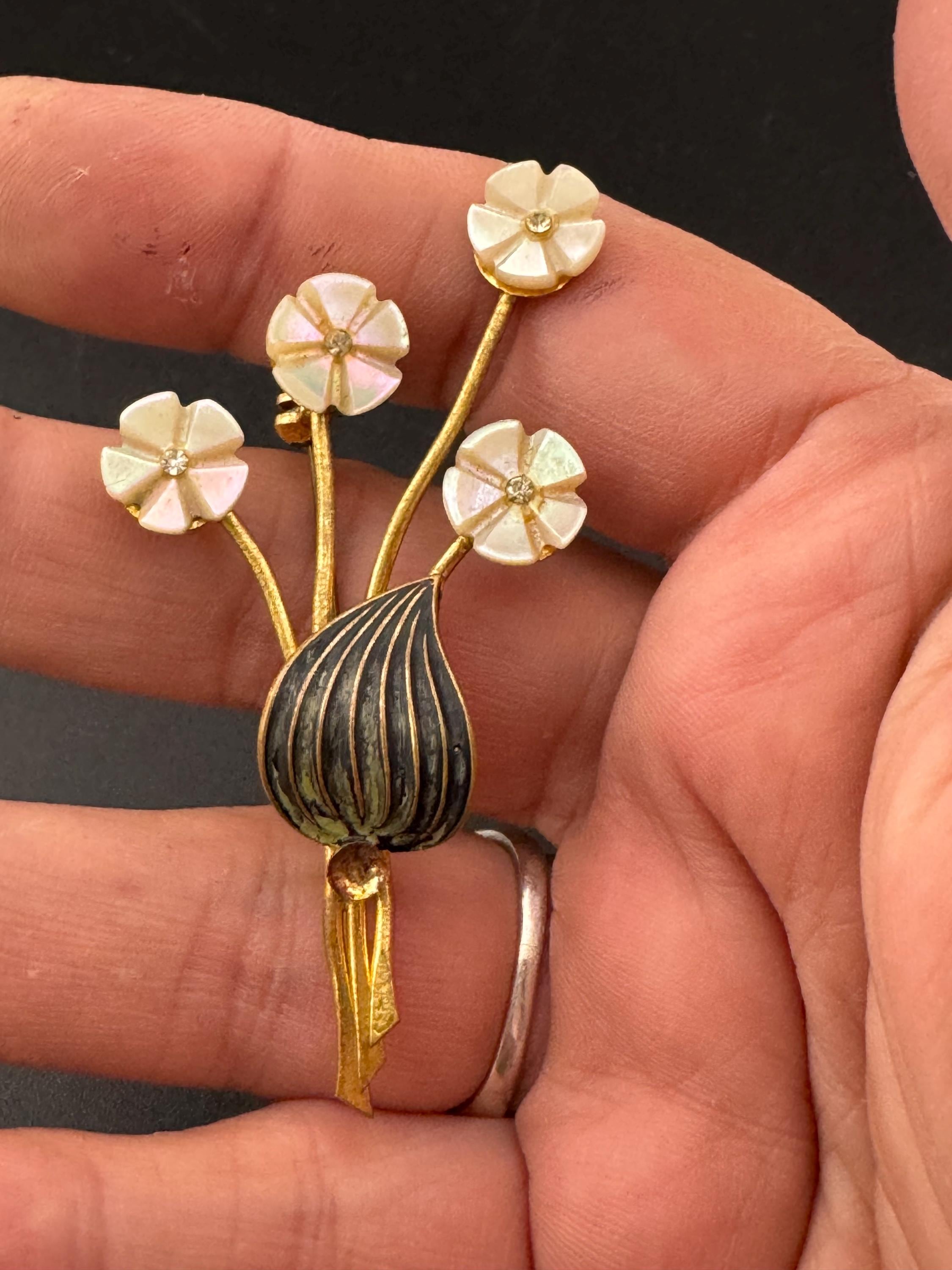 Vintage Mother of Pearl Rose Brooch: 1940s Carved Floral Gold Tone