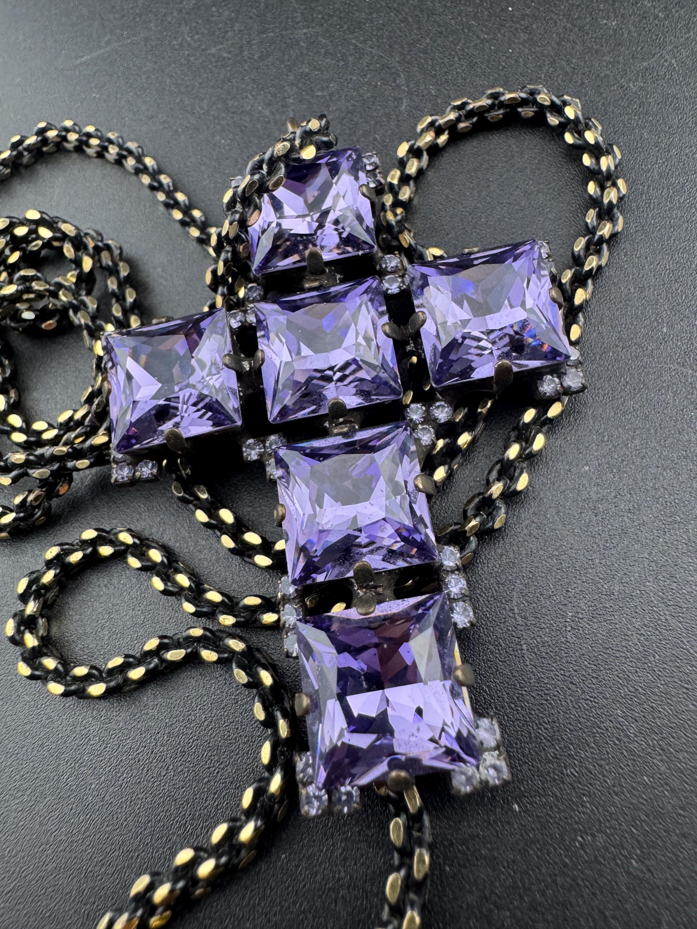 Signed Butler & Wilson Amethyst Rhinestone Cross Pendant Necklace