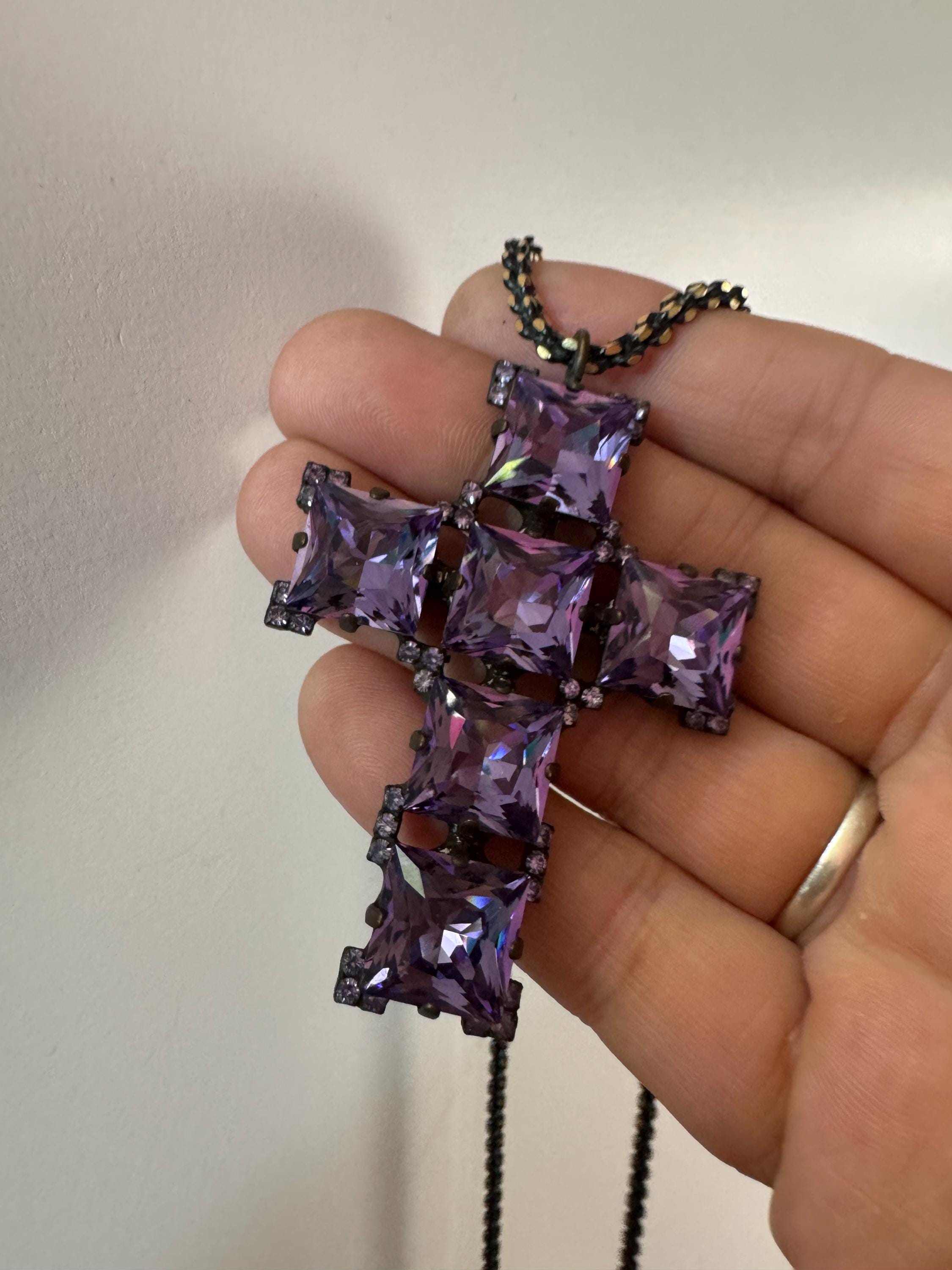 Signed Butler & Wilson Amethyst Rhinestone Cross Pendant Necklace