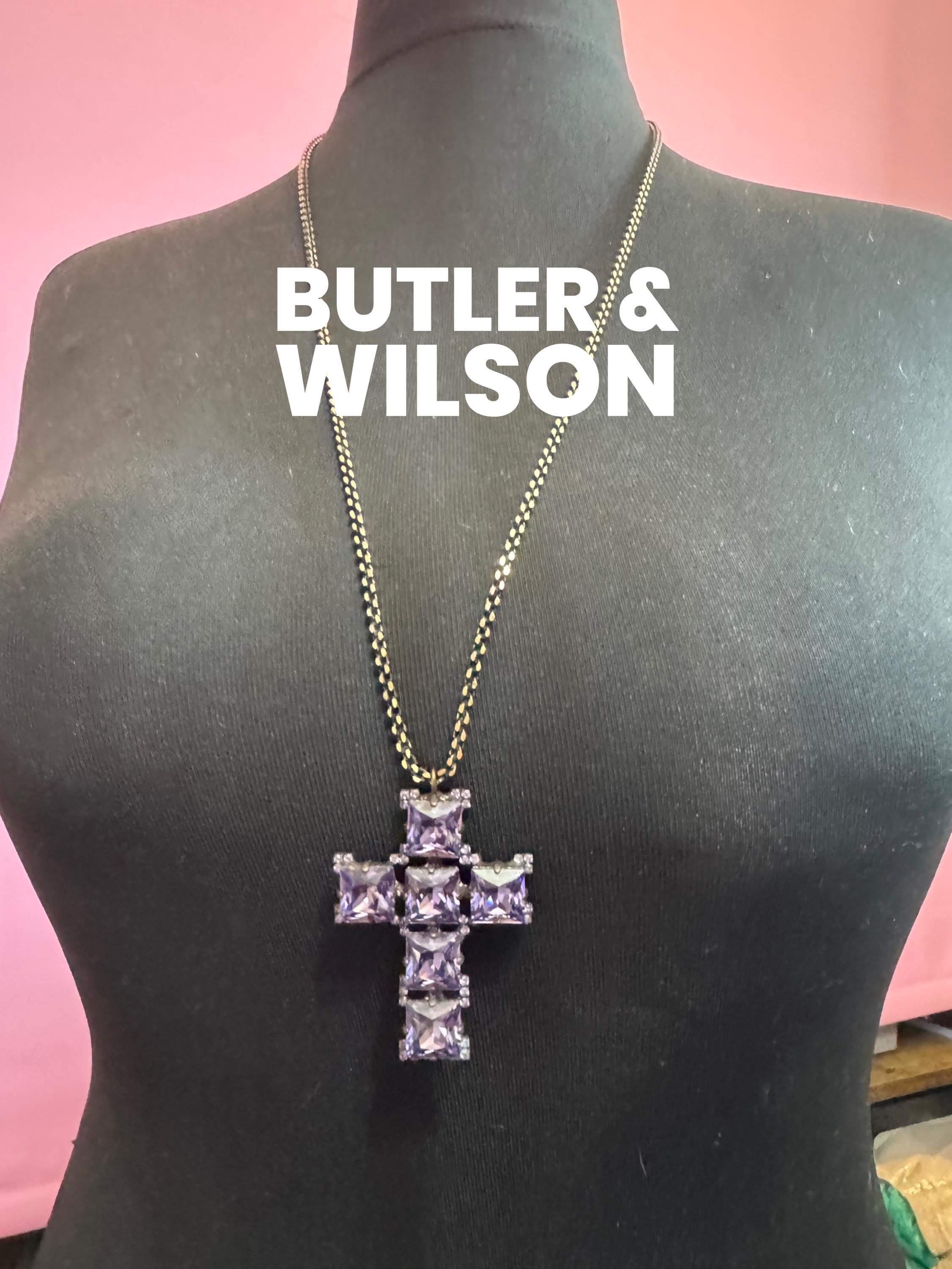 Signed Butler & Wilson Amethyst Rhinestone Cross Pendant Necklace