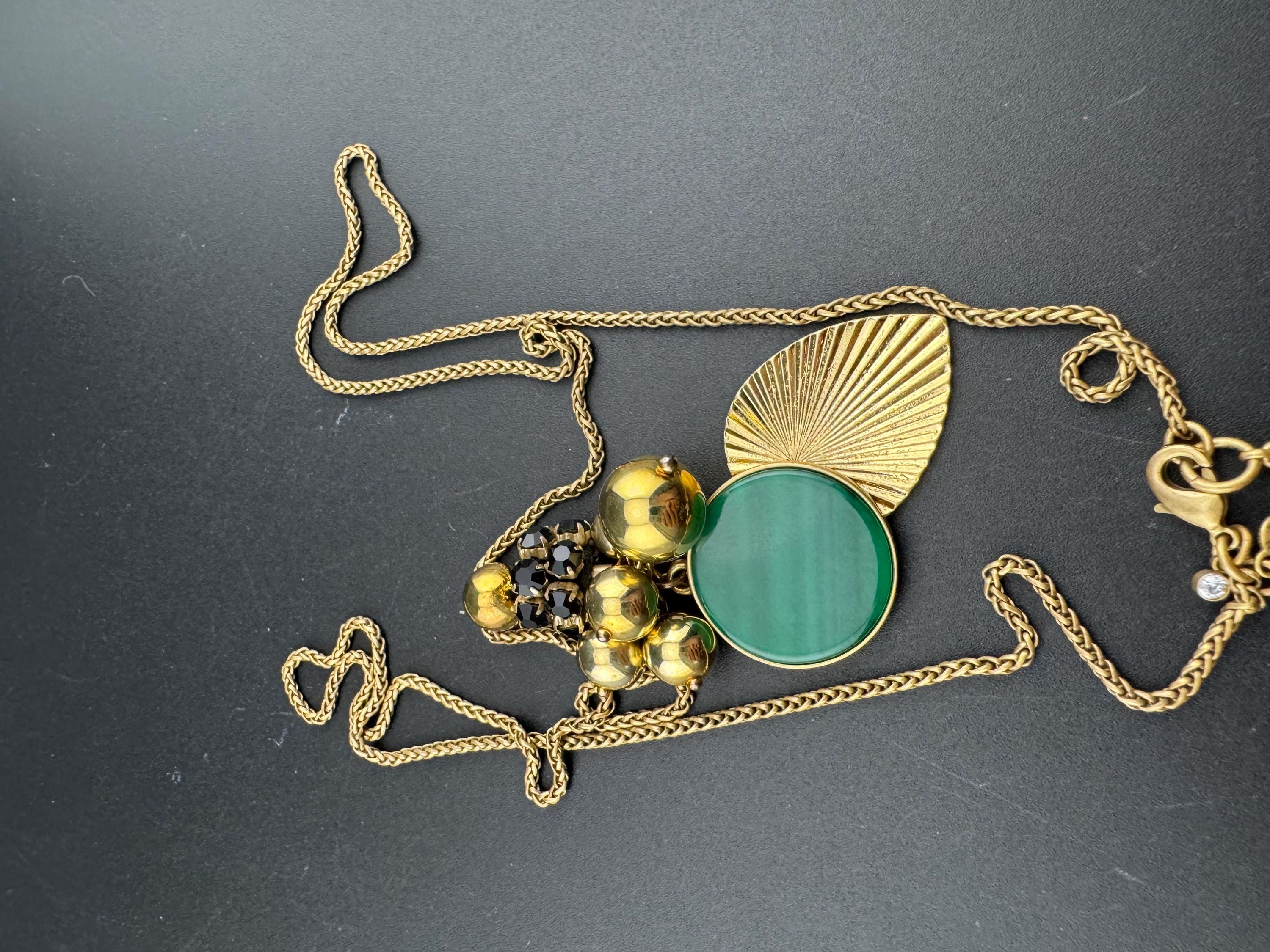 Signed Ann Taylor Green Leaf Pendant Necklace, Gold Tone