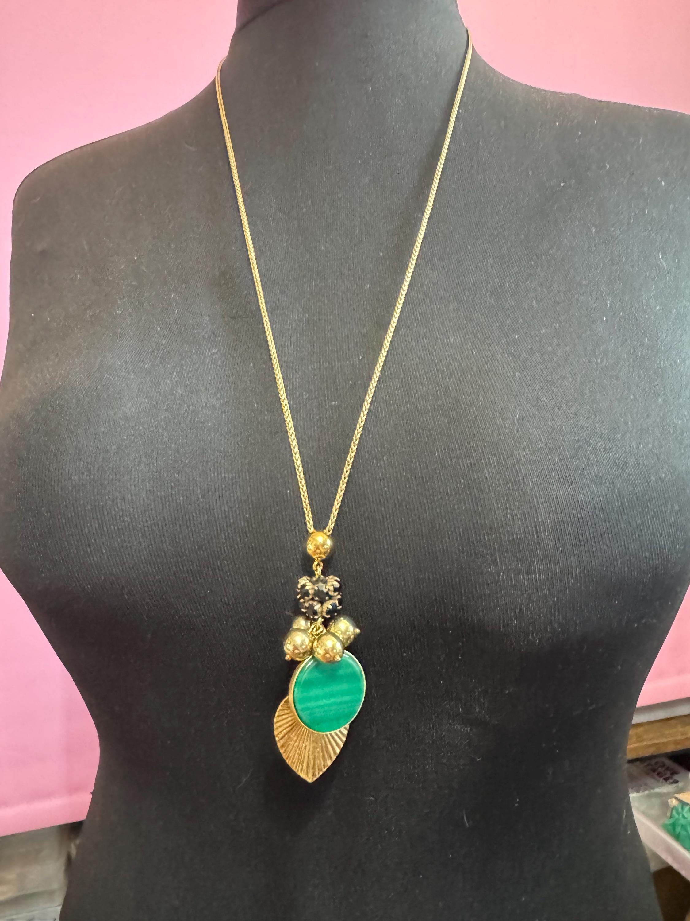 Signed Ann Taylor Green Leaf Pendant Necklace, Gold Tone