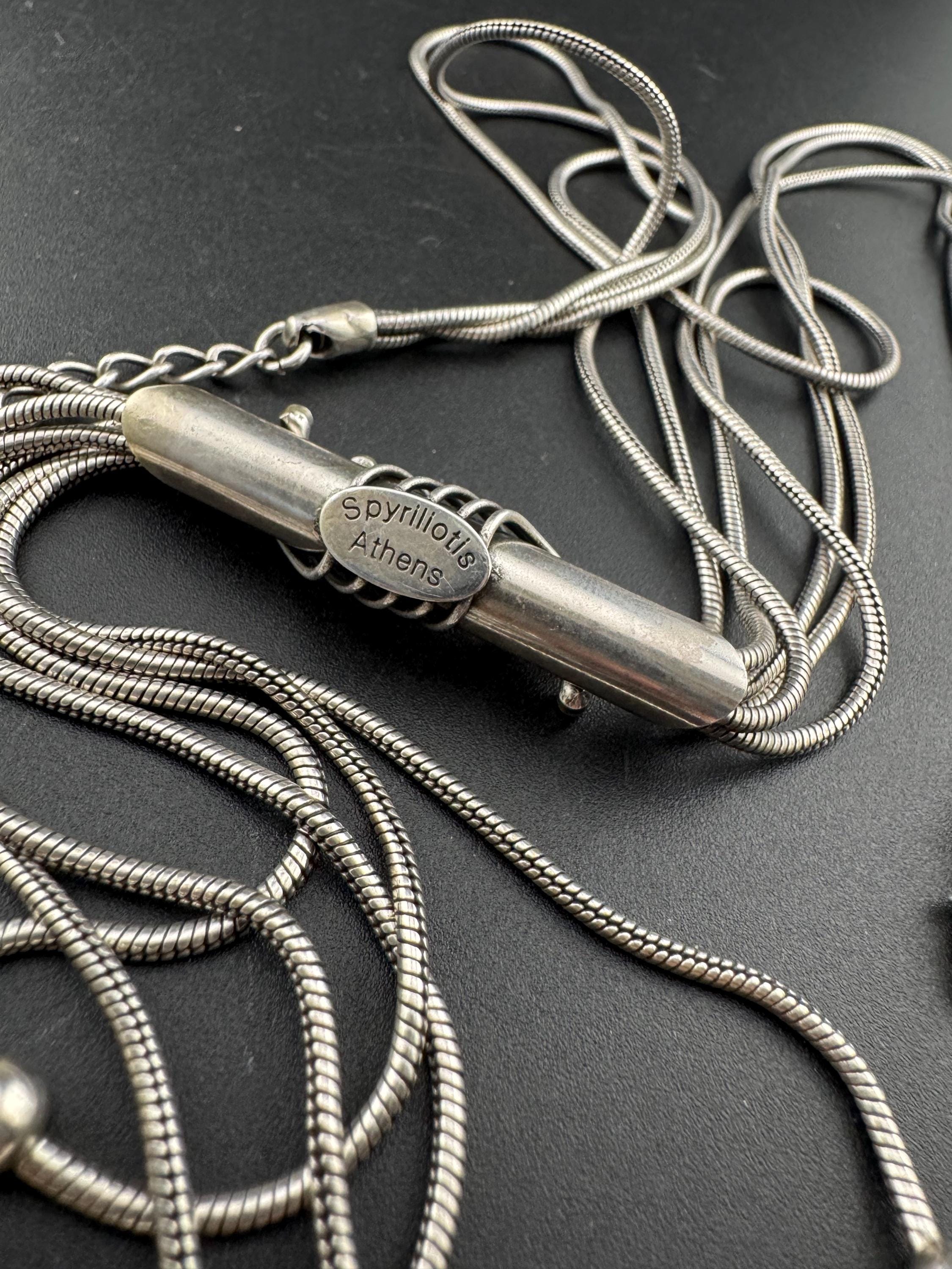 Vintage Spyrilliotis Athens signed silver modernist tassel pendant necklace set with pink rhinestones