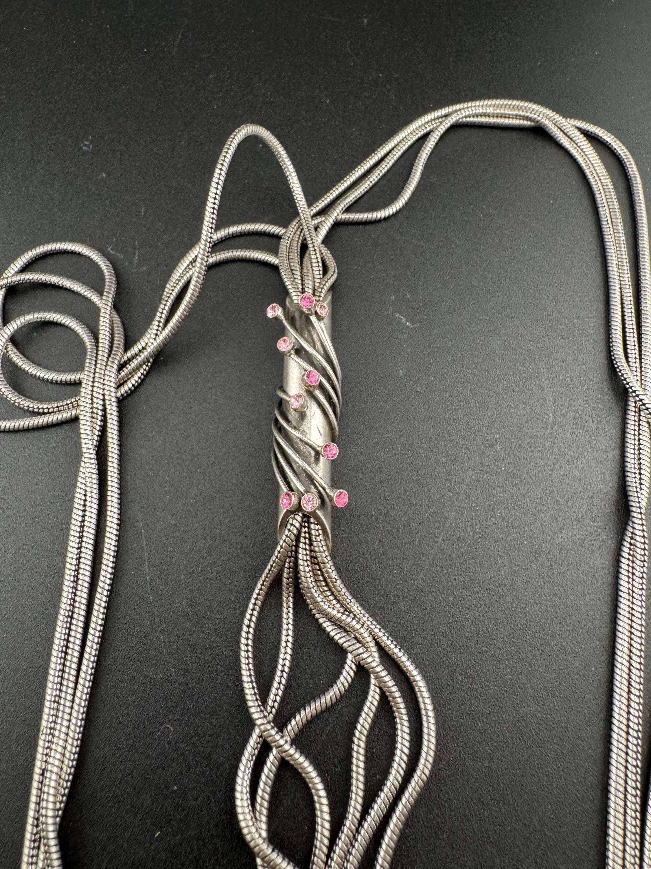 Vintage Spyrilliotis Athens signed silver modernist tassel pendant necklace set with pink rhinestones