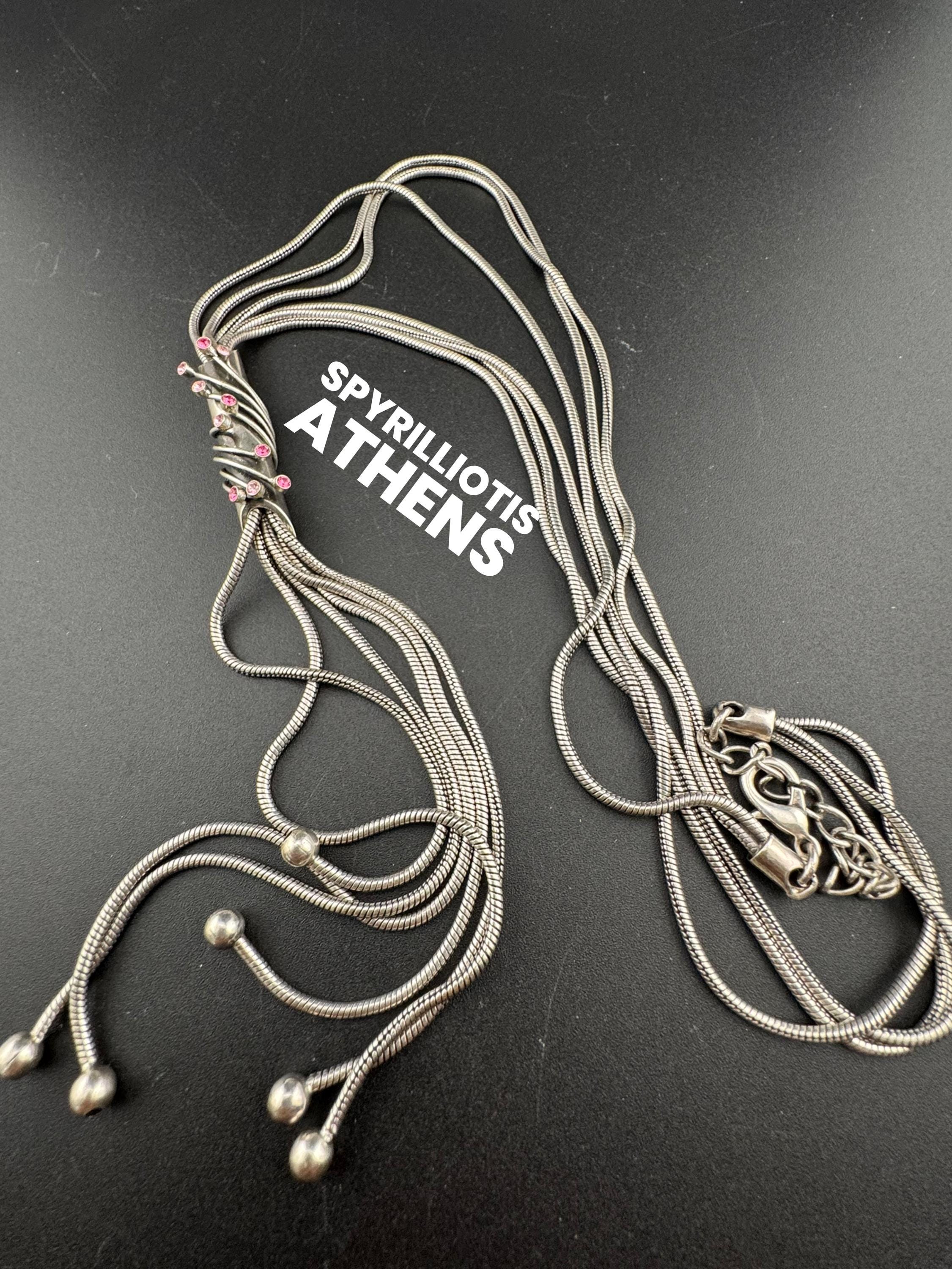 Vintage Spyrilliotis Athens signed silver modernist tassel pendant necklace set with pink rhinestones