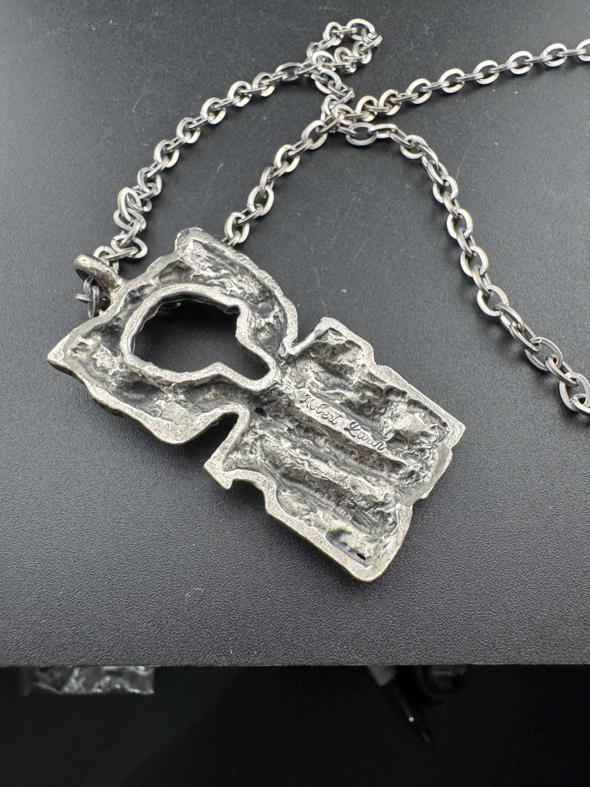Vintage 1970s signed Robert Larin abstract brutalist pendant on 64cm chain, Canadian designer
