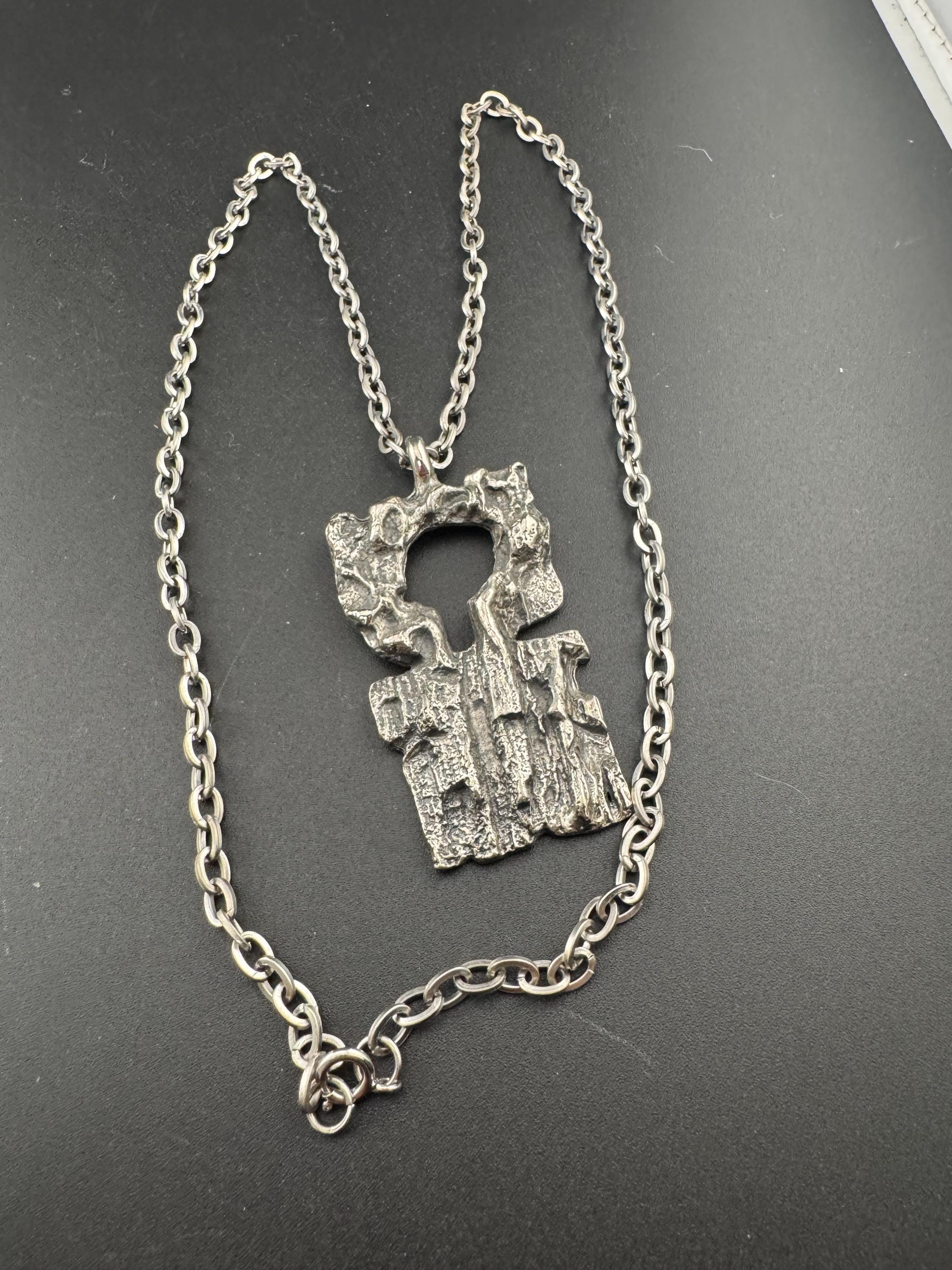 Vintage 1970s signed Robert Larin abstract brutalist pendant on 64cm chain, Canadian designer