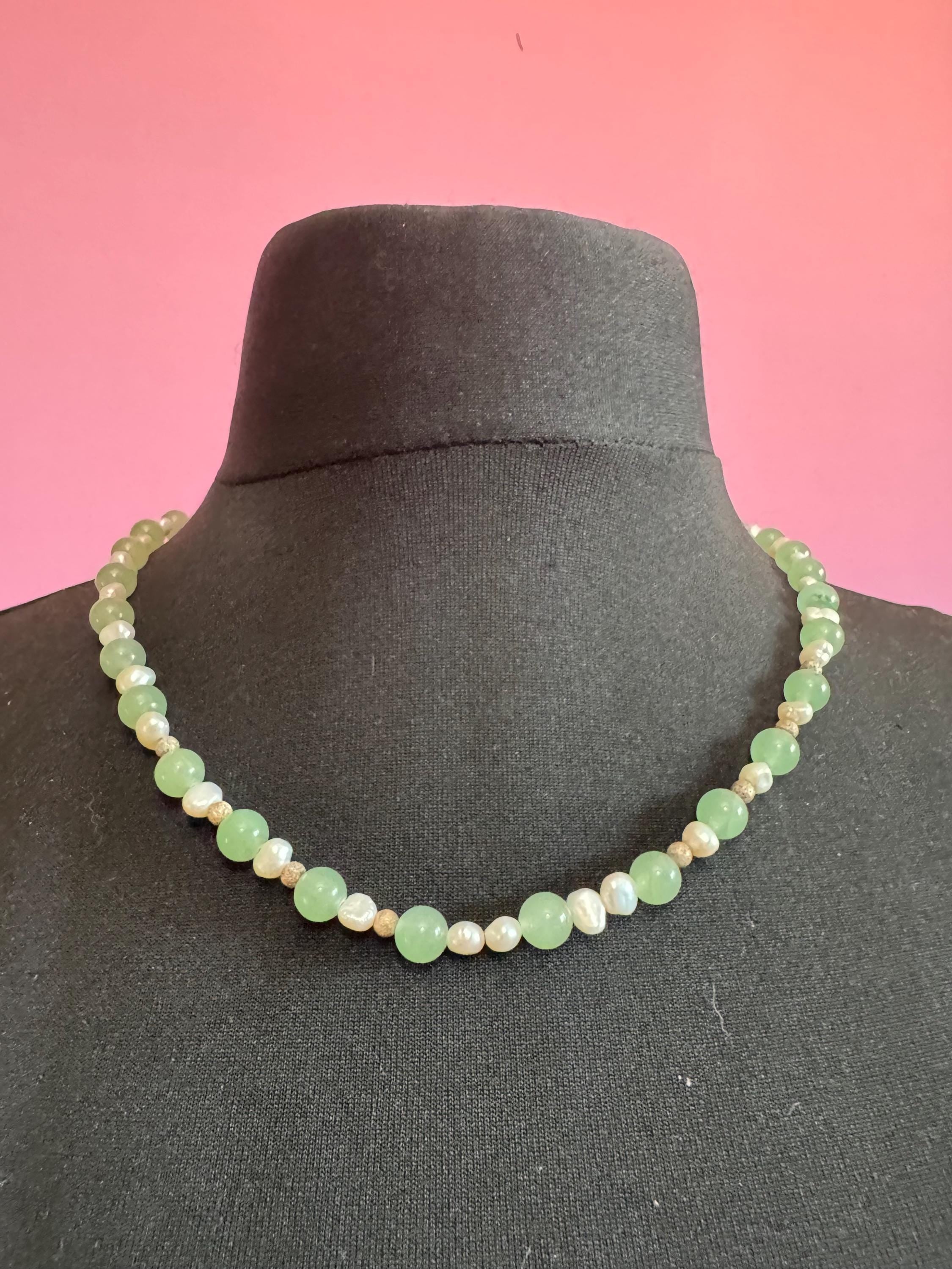 Retro 925 Chinese natural jade beaded collar necklace with freshwater pearls and copper beads, sterling silver