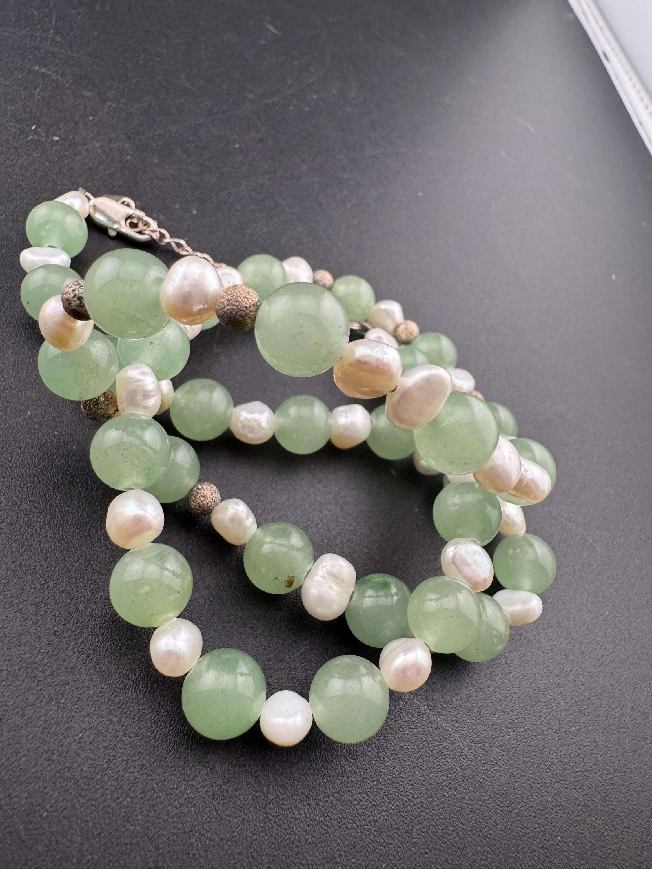 Retro 925 Chinese natural jade beaded collar necklace with freshwater pearls and copper beads, sterling silver