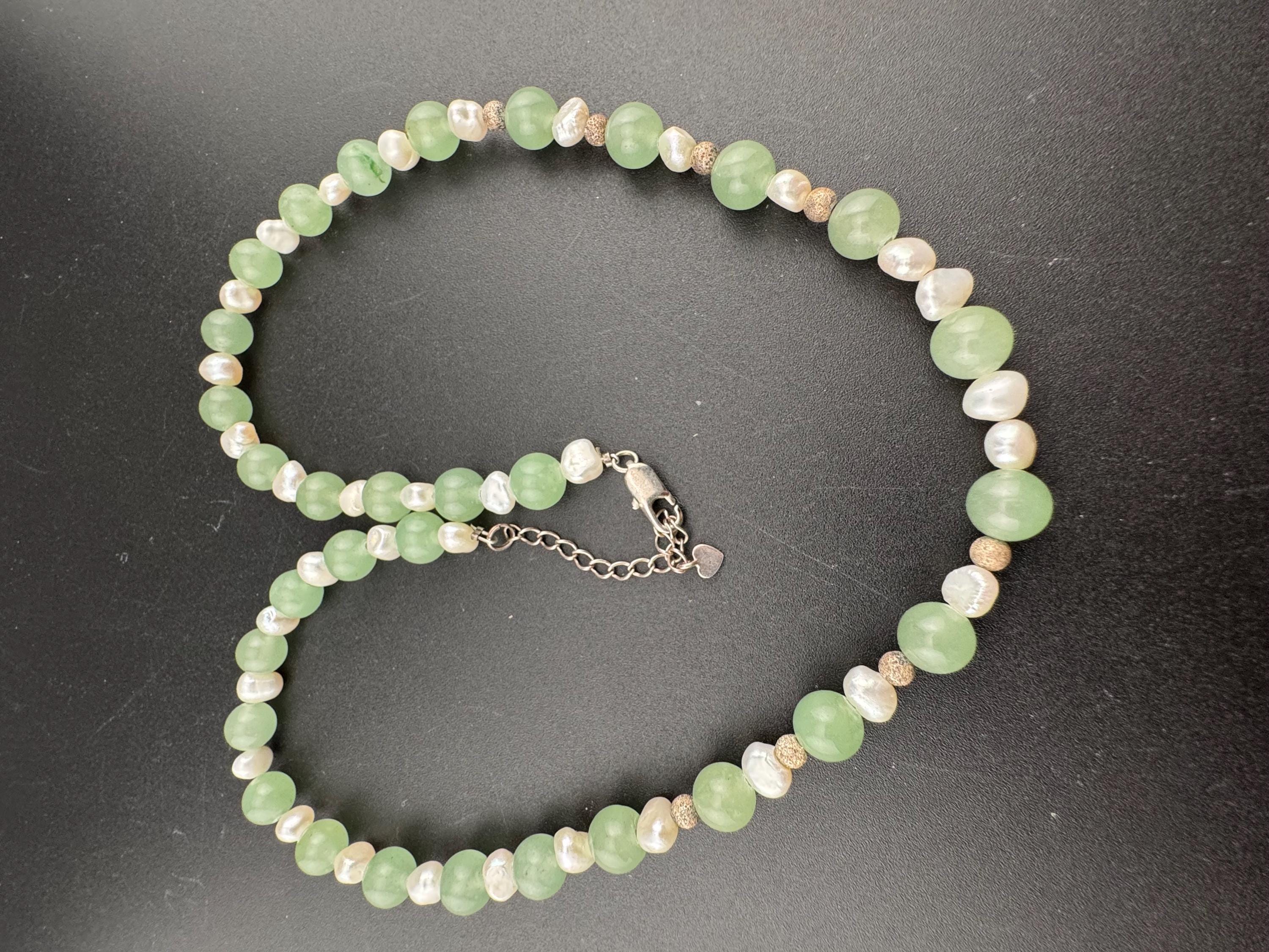 Retro 925 Chinese natural jade beaded collar necklace with freshwater pearls and copper beads, sterling silver