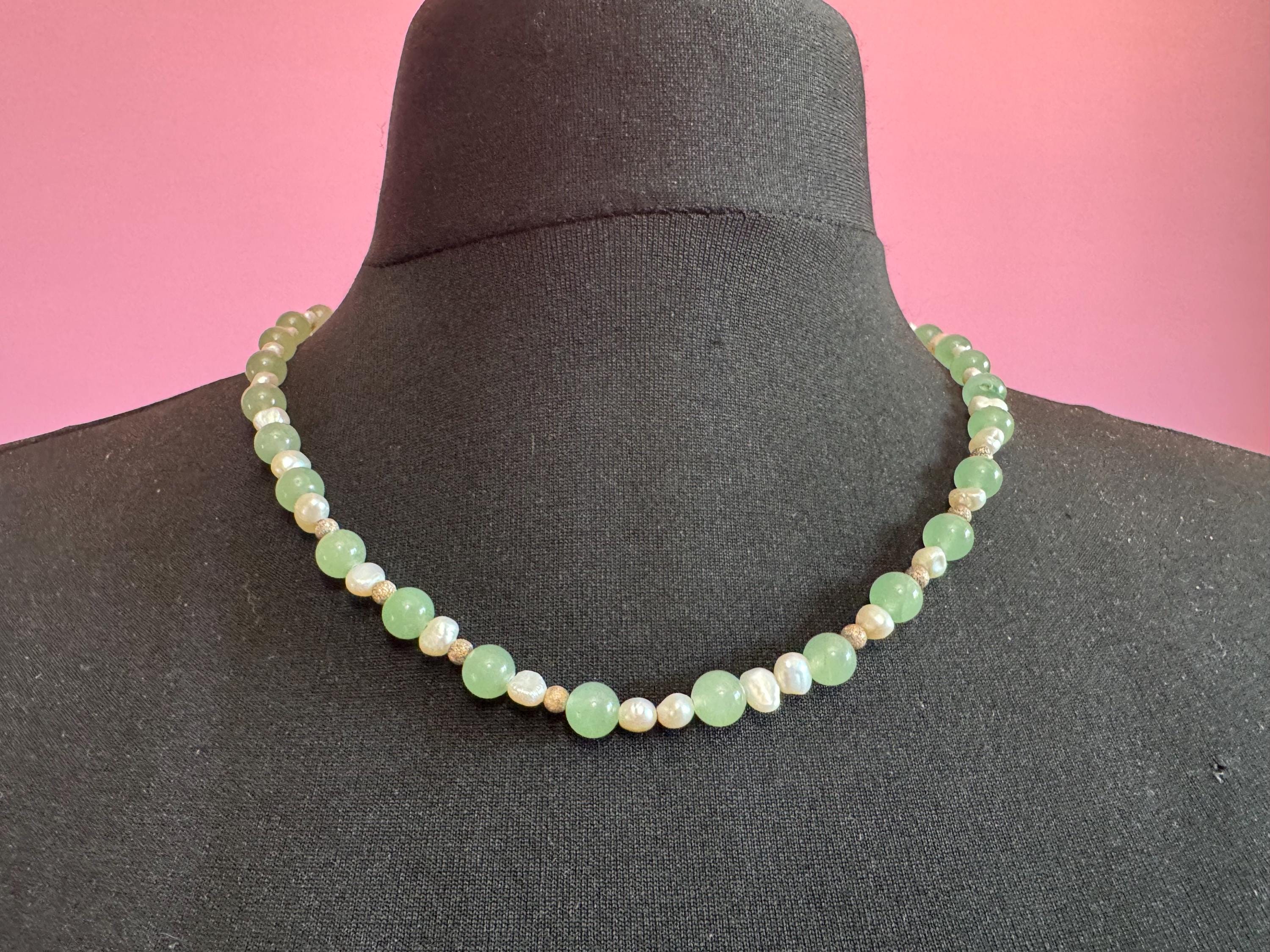 Retro 925 Chinese natural jade beaded collar necklace with freshwater pearls and copper beads, sterling silver