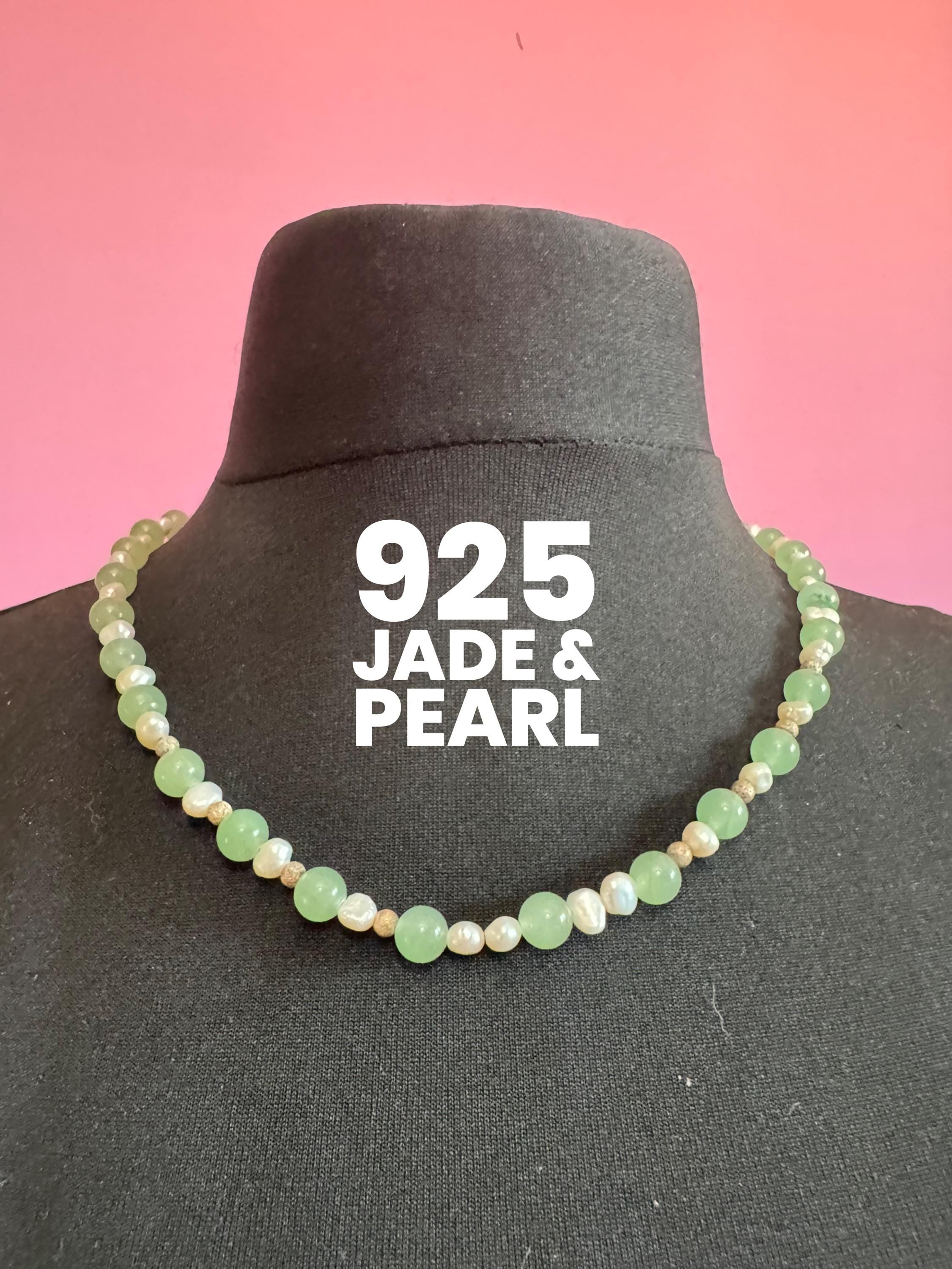 Retro 925 Chinese natural jade beaded collar necklace with freshwater pearls and copper beads, sterling silver